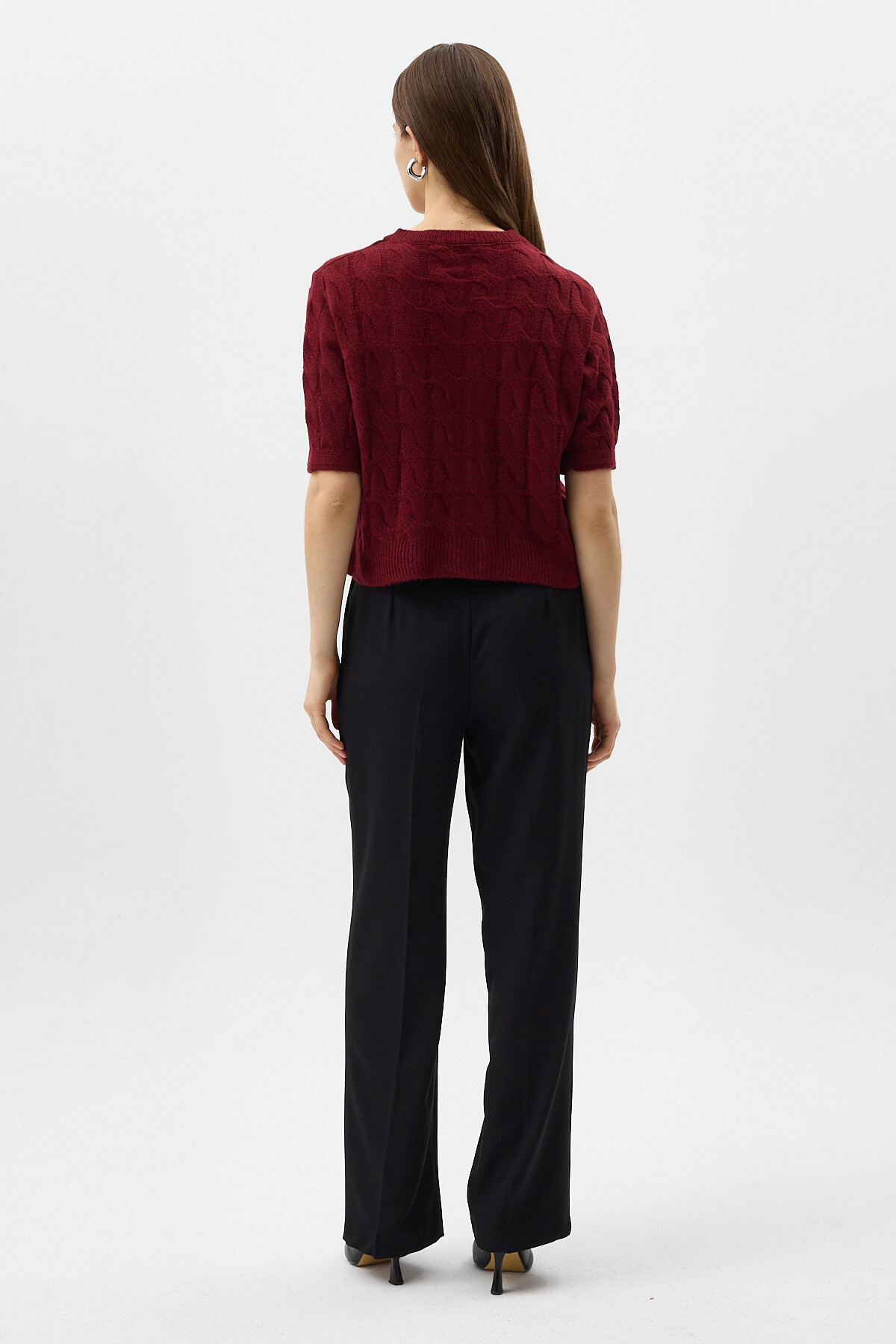 Bordo Örgü Kısa Kollu Düğmeli Crop Kadın Hırka 2262 - 5