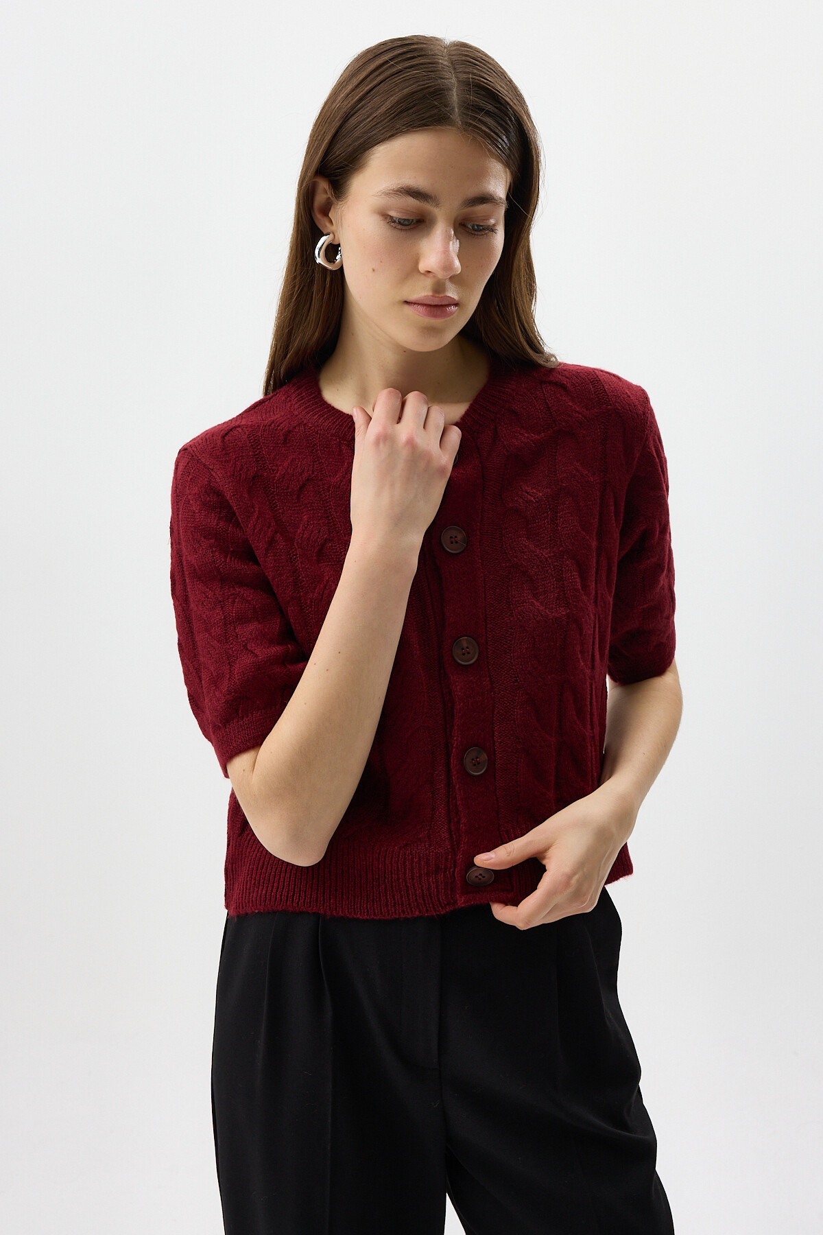 Bordo Örgü Kısa Kollu Düğmeli Crop Kadın Hırka 2262 - 6