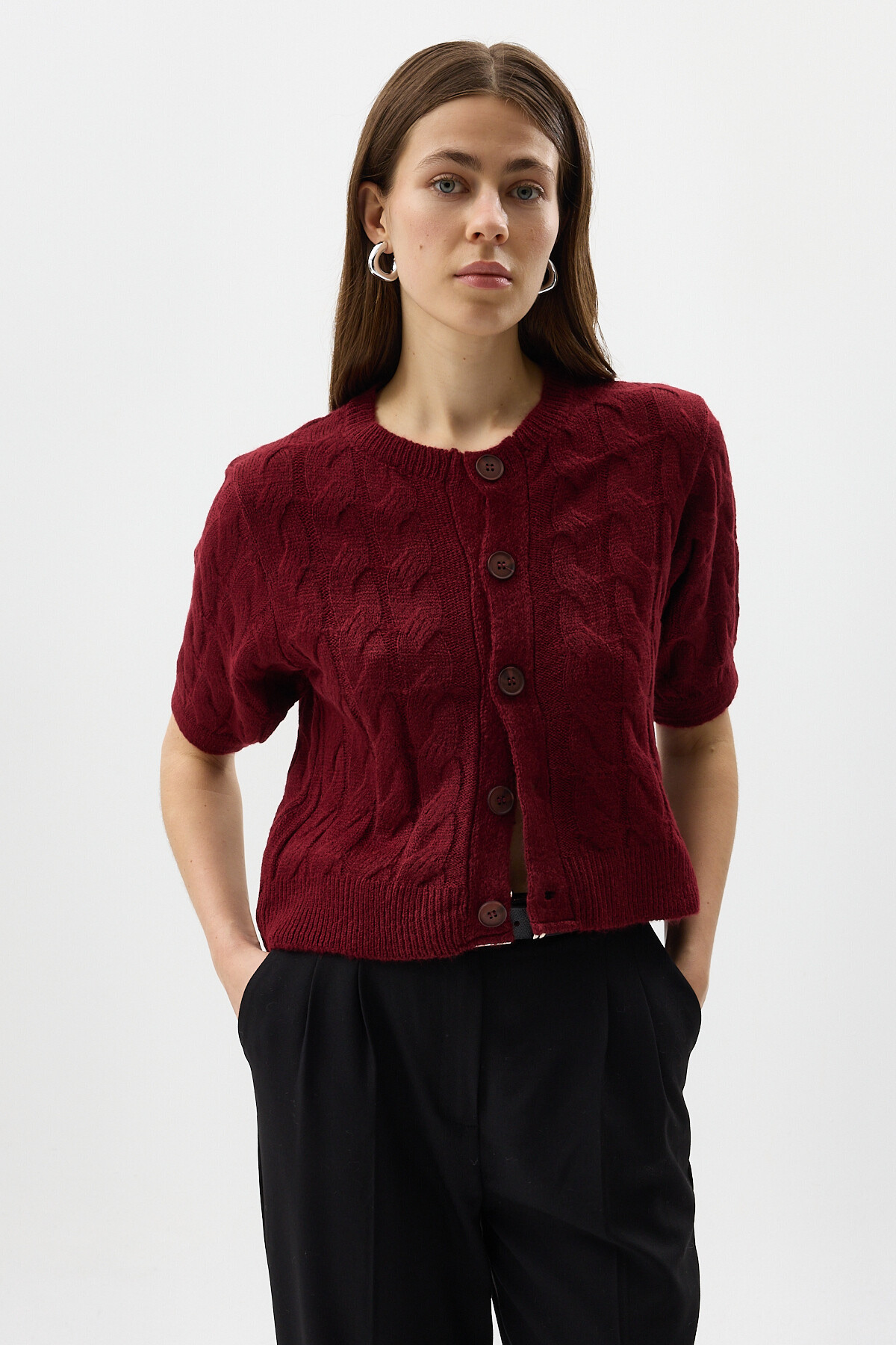 Bordo Örgü Kısa Kollu Düğmeli Crop Kadın Hırka 2262 - RAYS