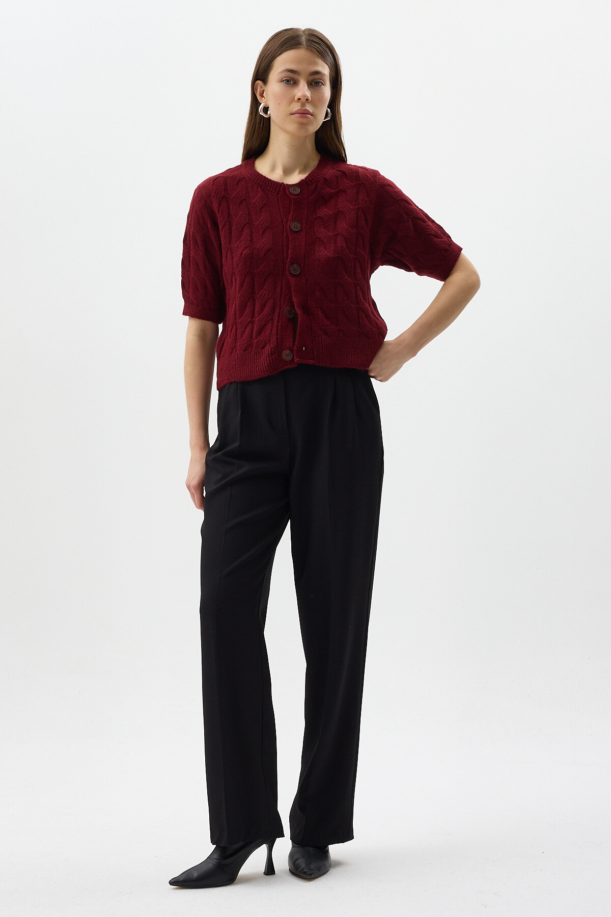 Bordo Örgü Kısa Kollu Düğmeli Crop Kadın Hırka 2262 - RAYS