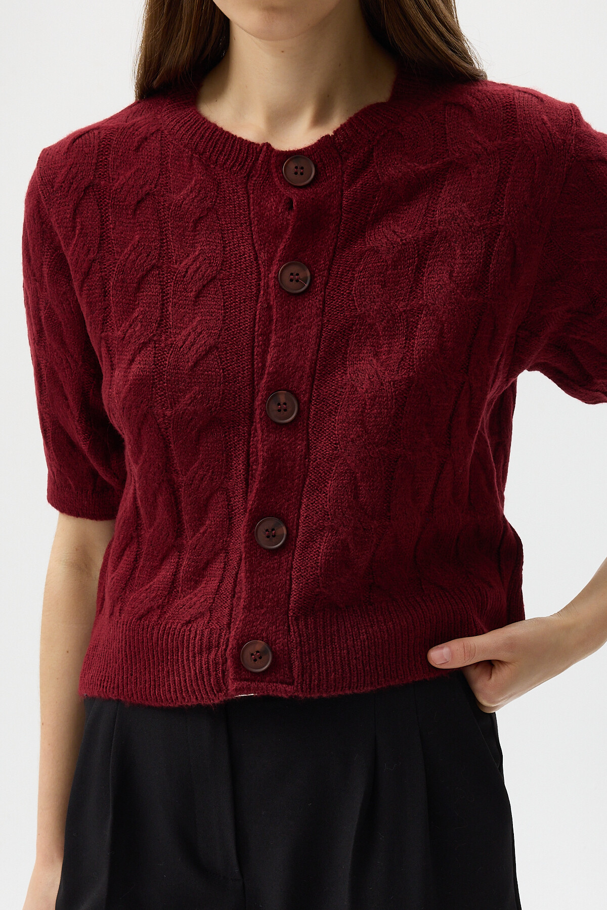 Bordo Örgü Kısa Kollu Düğmeli Crop Kadın Hırka 2262 - RAYS