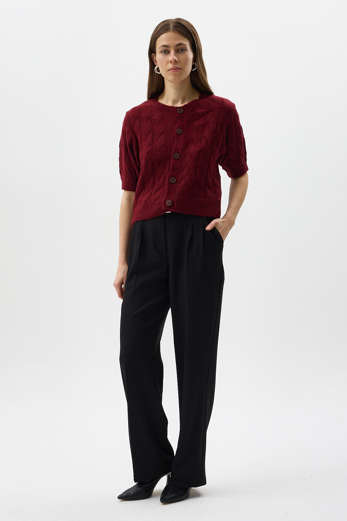 Bordo Örgü Kısa Kollu Düğmeli Crop Kadın Hırka 2262 - 8