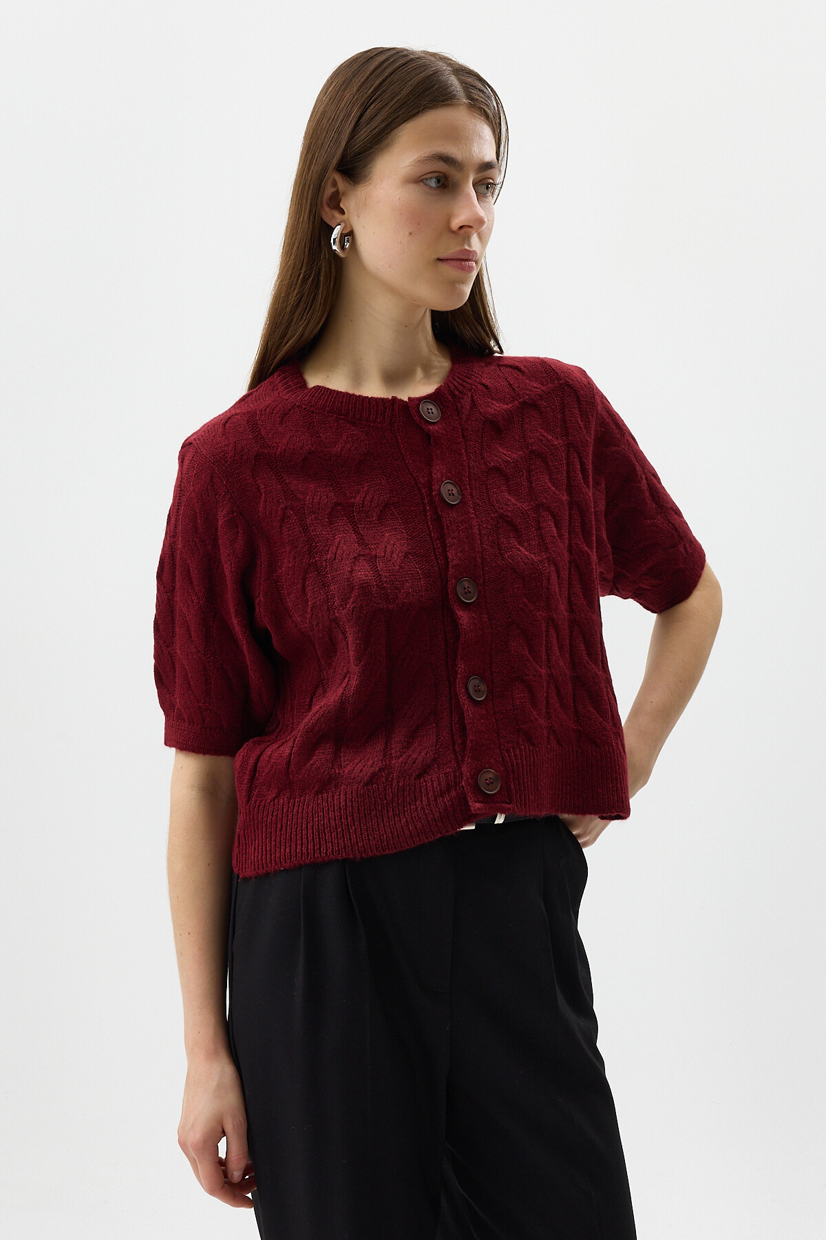 Bordo Örgü Kısa Kollu Düğmeli Crop Kadın Hırka 2262 - RAYS