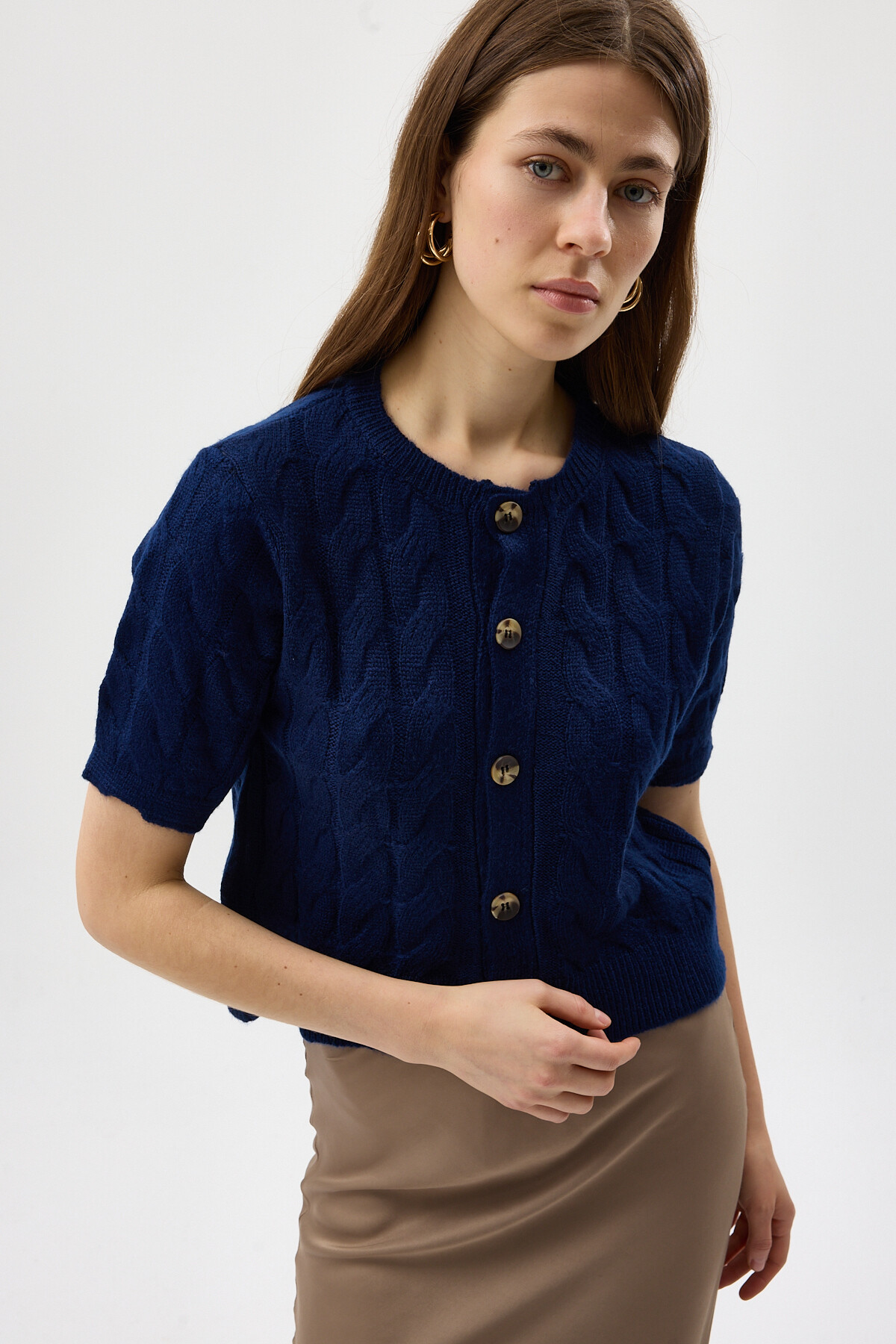 Lacivert Örgü Kısa Kollu Düğmeli Crop Kadın Hırka 2262 - RAYS