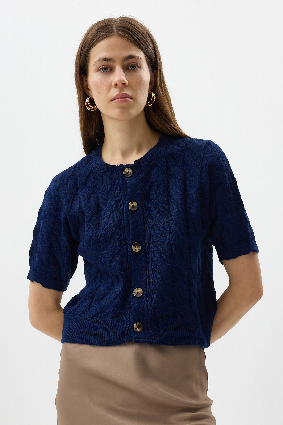 Lacivert Örgü Kısa Kollu Düğmeli Crop Kadın Hırka 2262 - 7