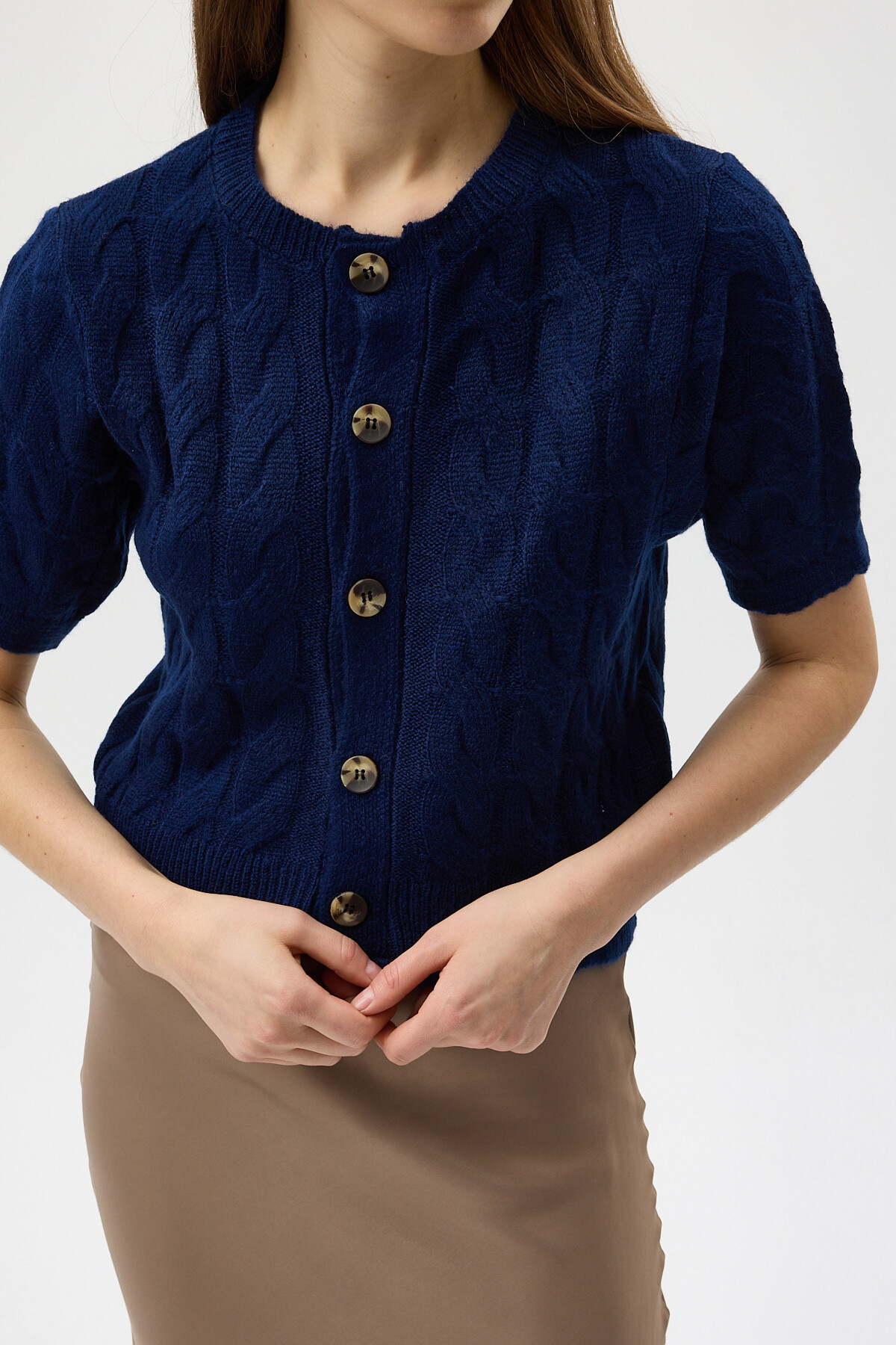 Lacivert Örgü Kısa Kollu Düğmeli Crop Kadın Hırka 2262 - 4