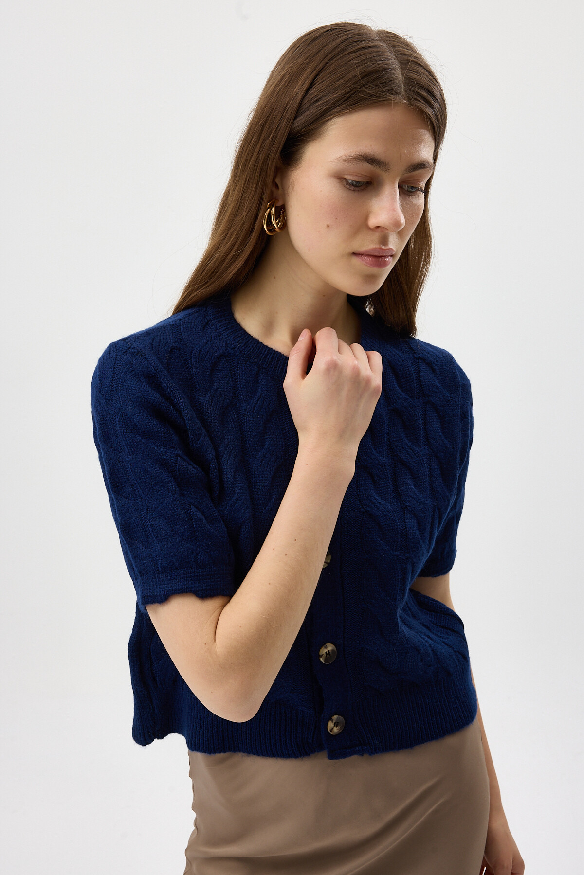 Lacivert Örgü Kısa Kollu Düğmeli Crop Kadın Hırka 2262 - 6