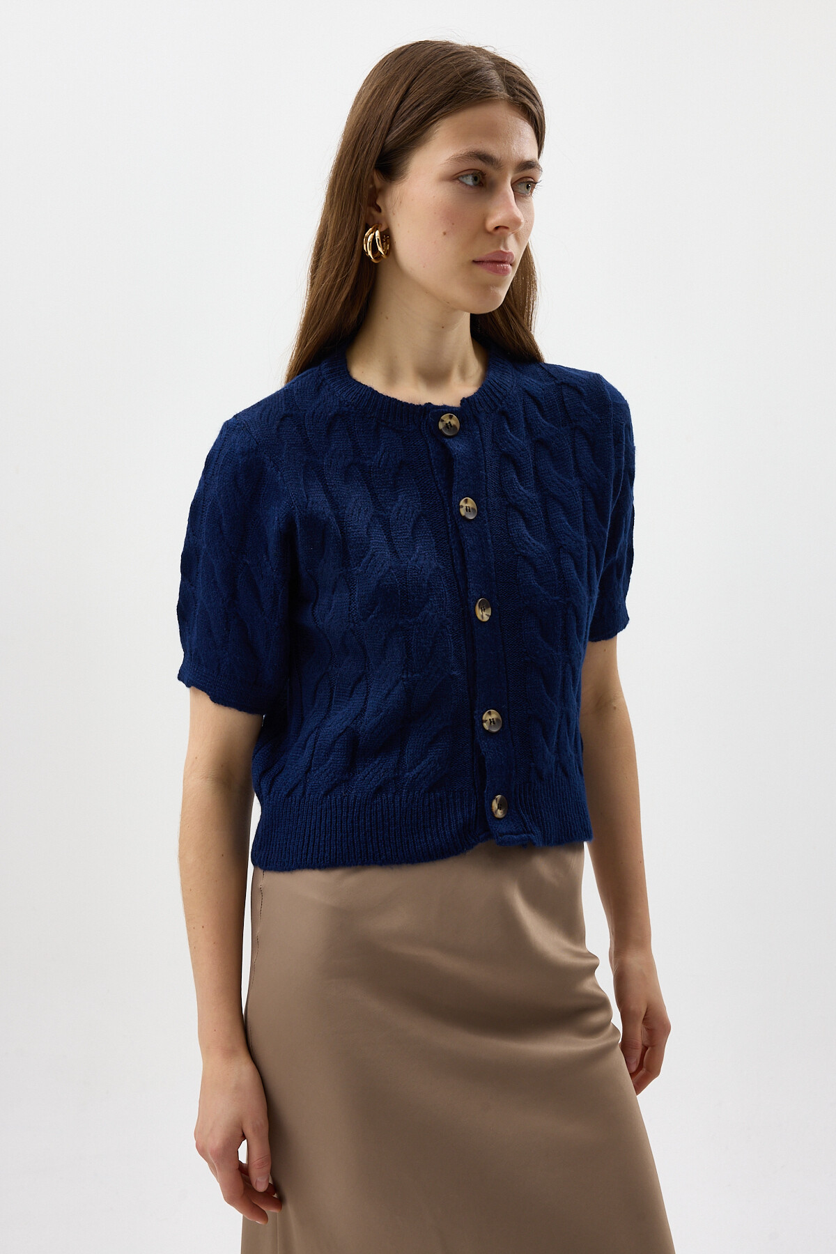 Lacivert Örgü Kısa Kollu Düğmeli Crop Kadın Hırka 2262 - 2