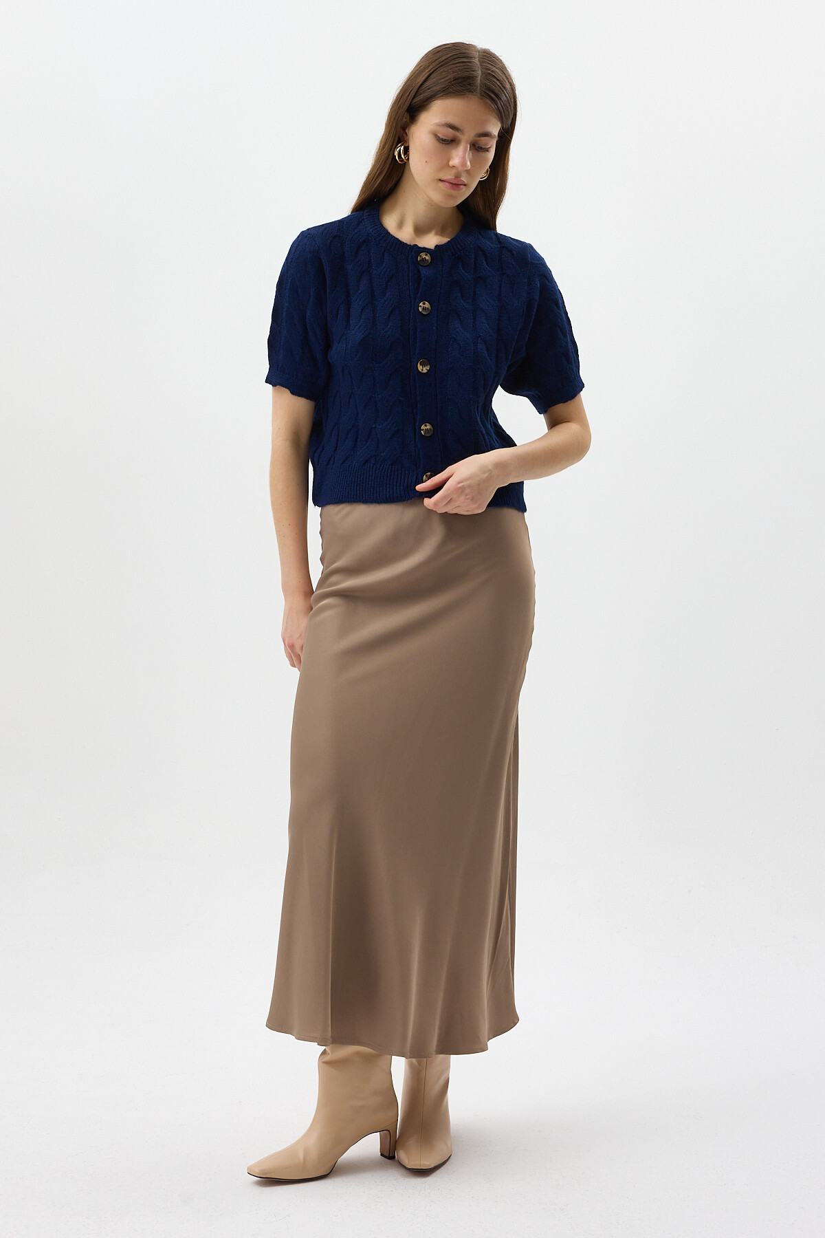 Lacivert Örgü Kısa Kollu Düğmeli Crop Kadın Hırka 2262 - 3