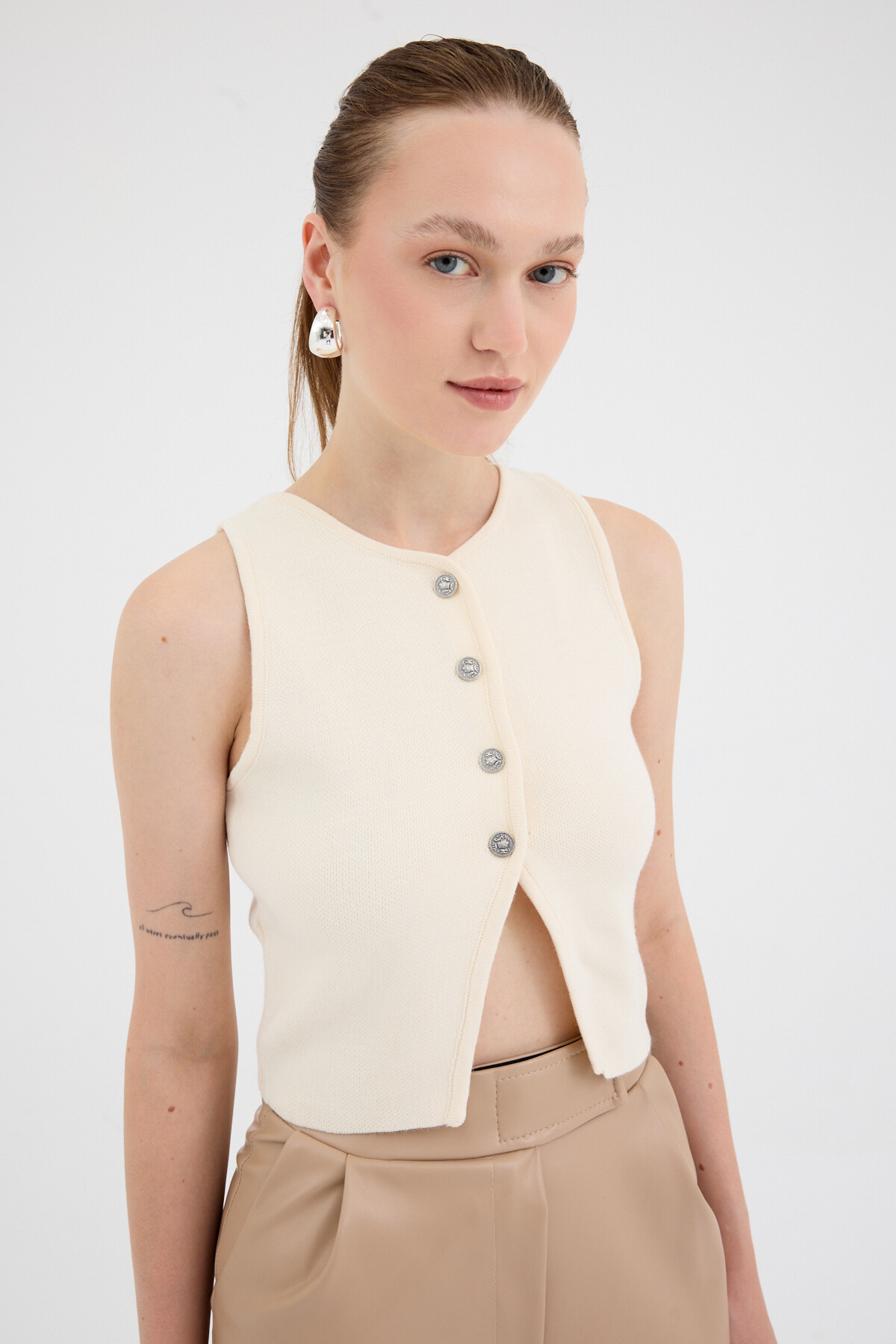 Natural Düğmeli Triko Kadın Yelek 2275 - 2