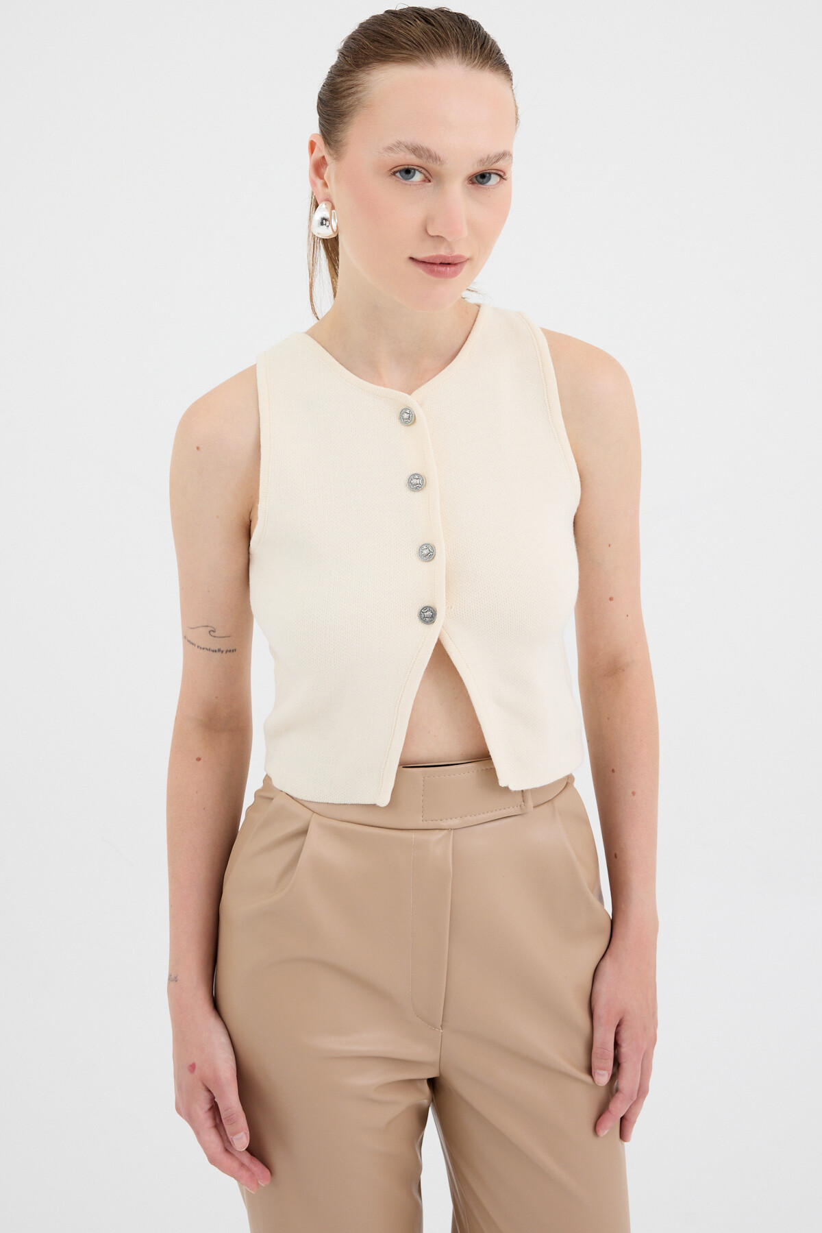 Natural Düğmeli Triko Kadın Yelek 2275 