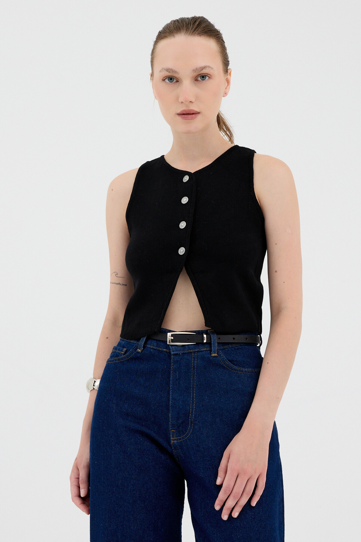 Siyah Düğmeli Triko Kadın Yelek 2275 - RAYS