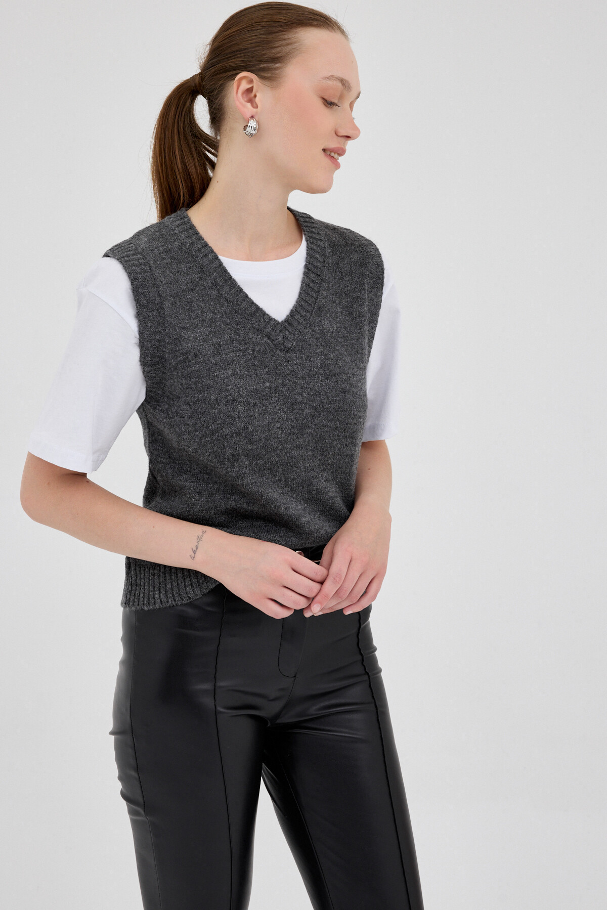 Antrasit Oversize V Yaka Kadın Süveter 2292 - 2