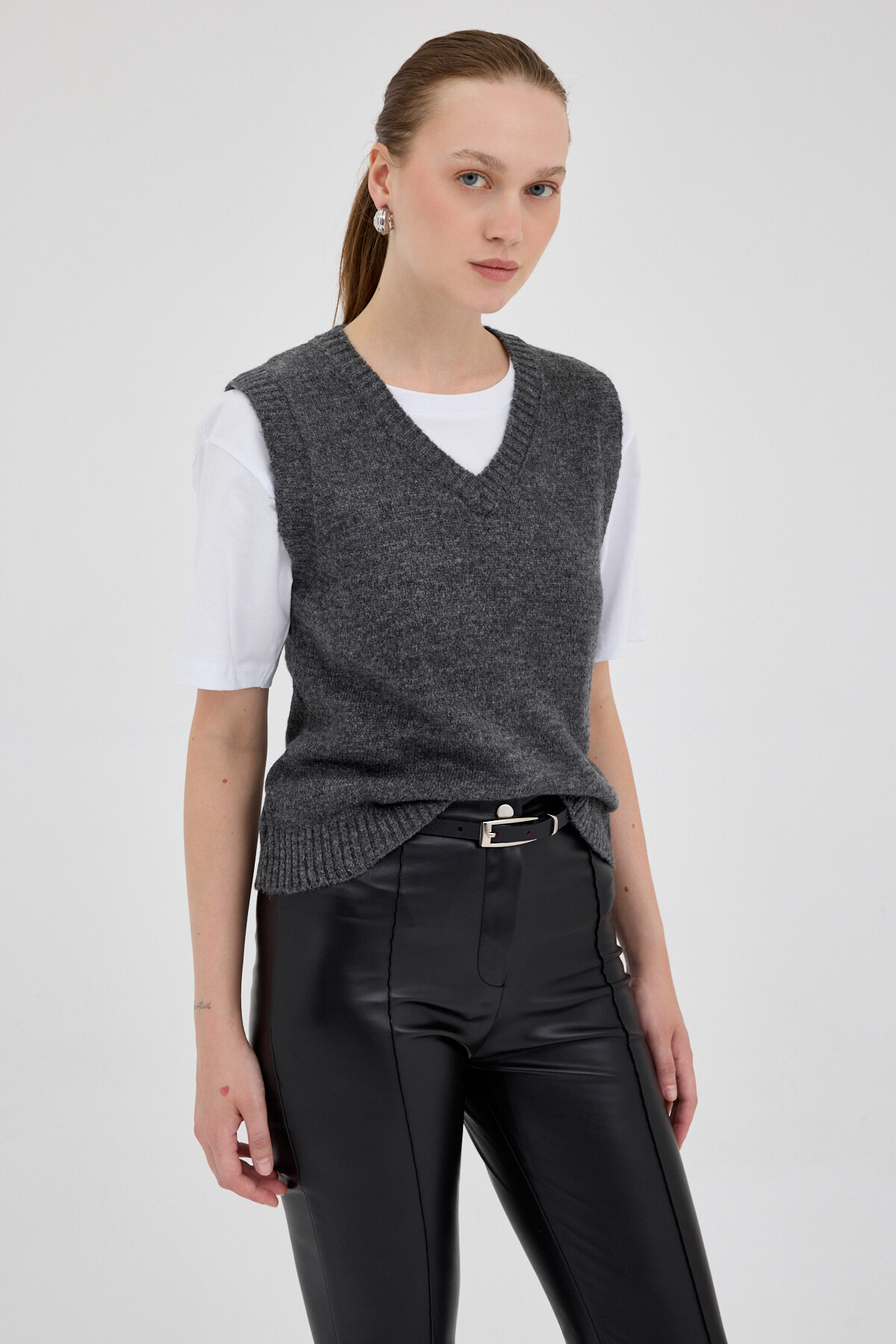 Antrasit Oversize V Yaka Kadın Süveter 2292 - 1