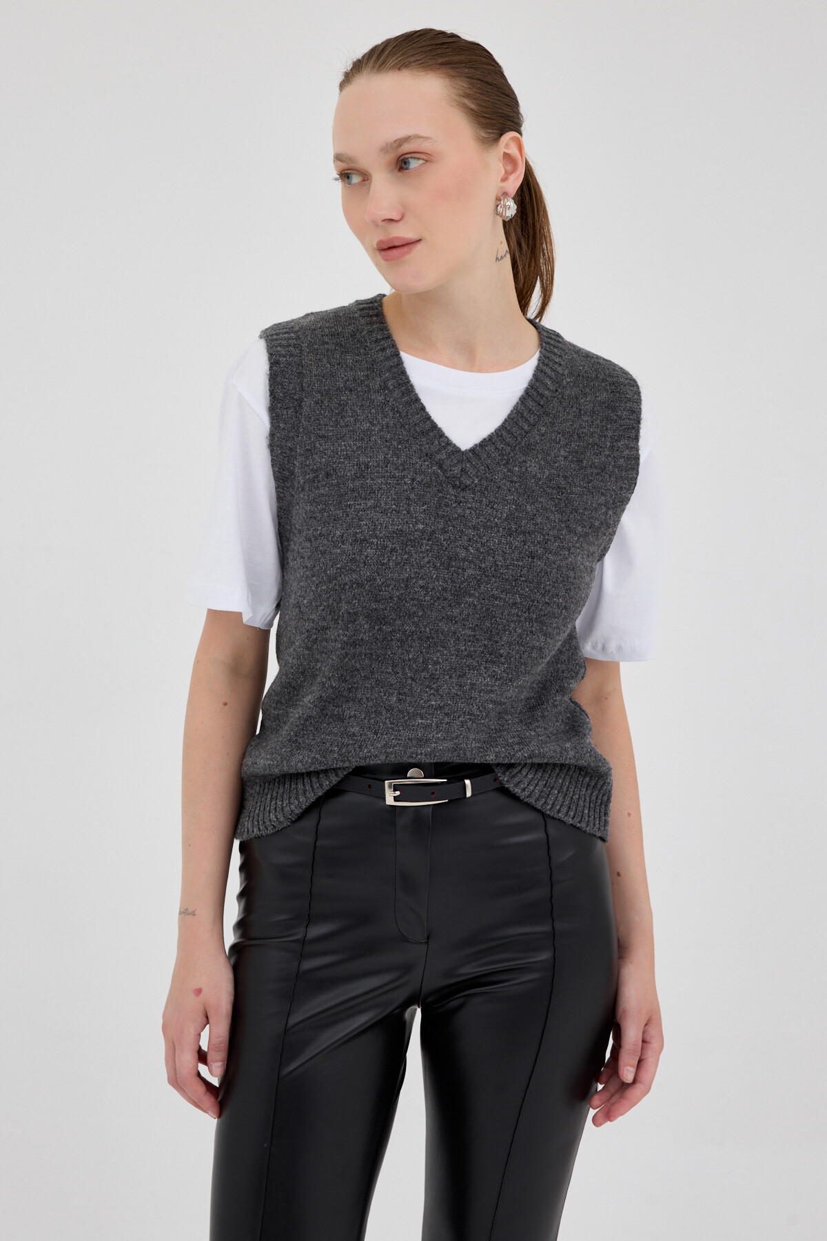 Antrasit Oversize V Yaka Kadın Süveter 2292 - 7