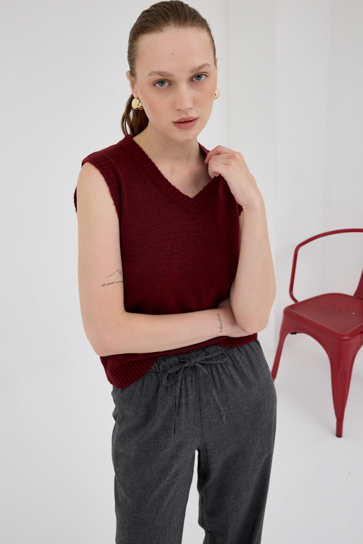 Bordo Oversize V Yaka Kadın Süveter 2292 - 2