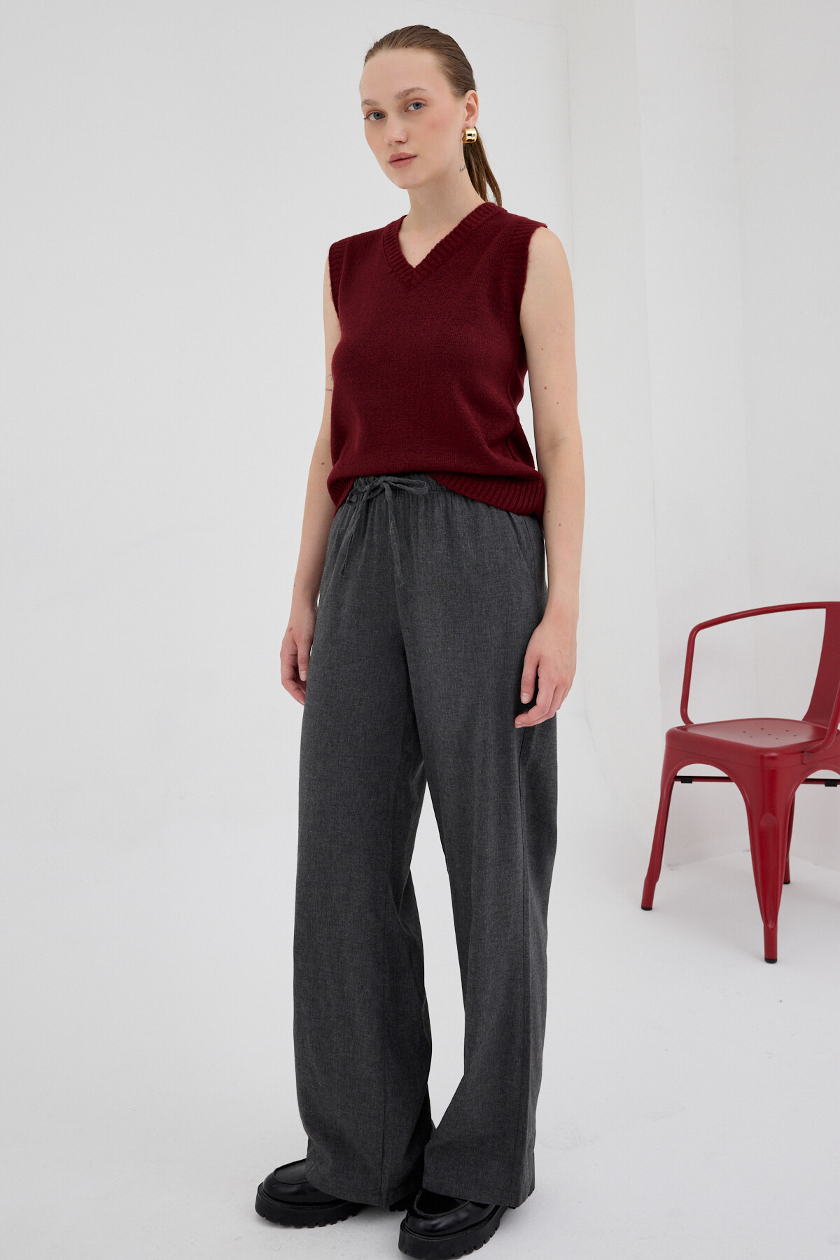 Bordo Oversize V Yaka Kadın Süveter 2292 - 3