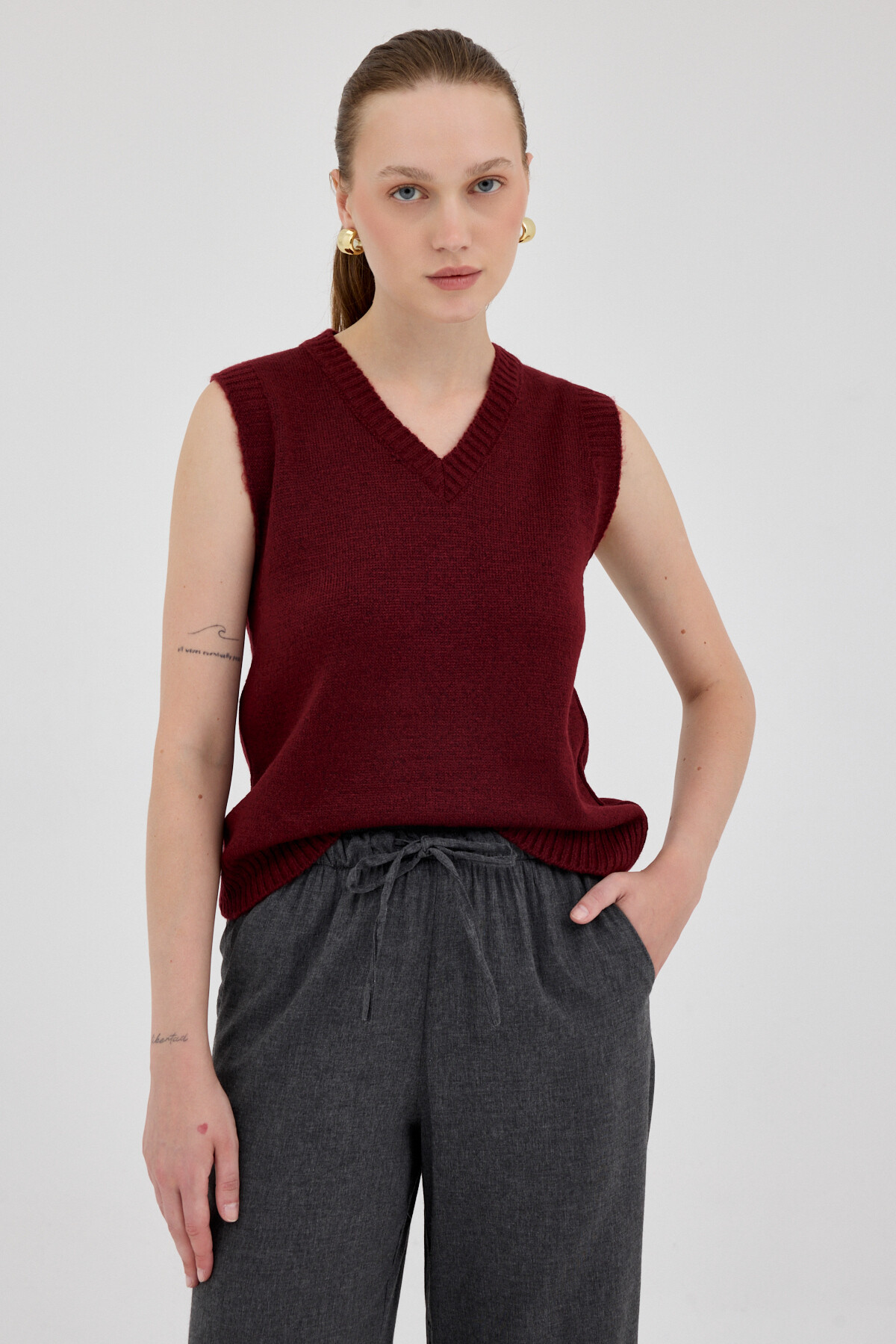 Bordo Oversize V Yaka Kadın Süveter 2292 