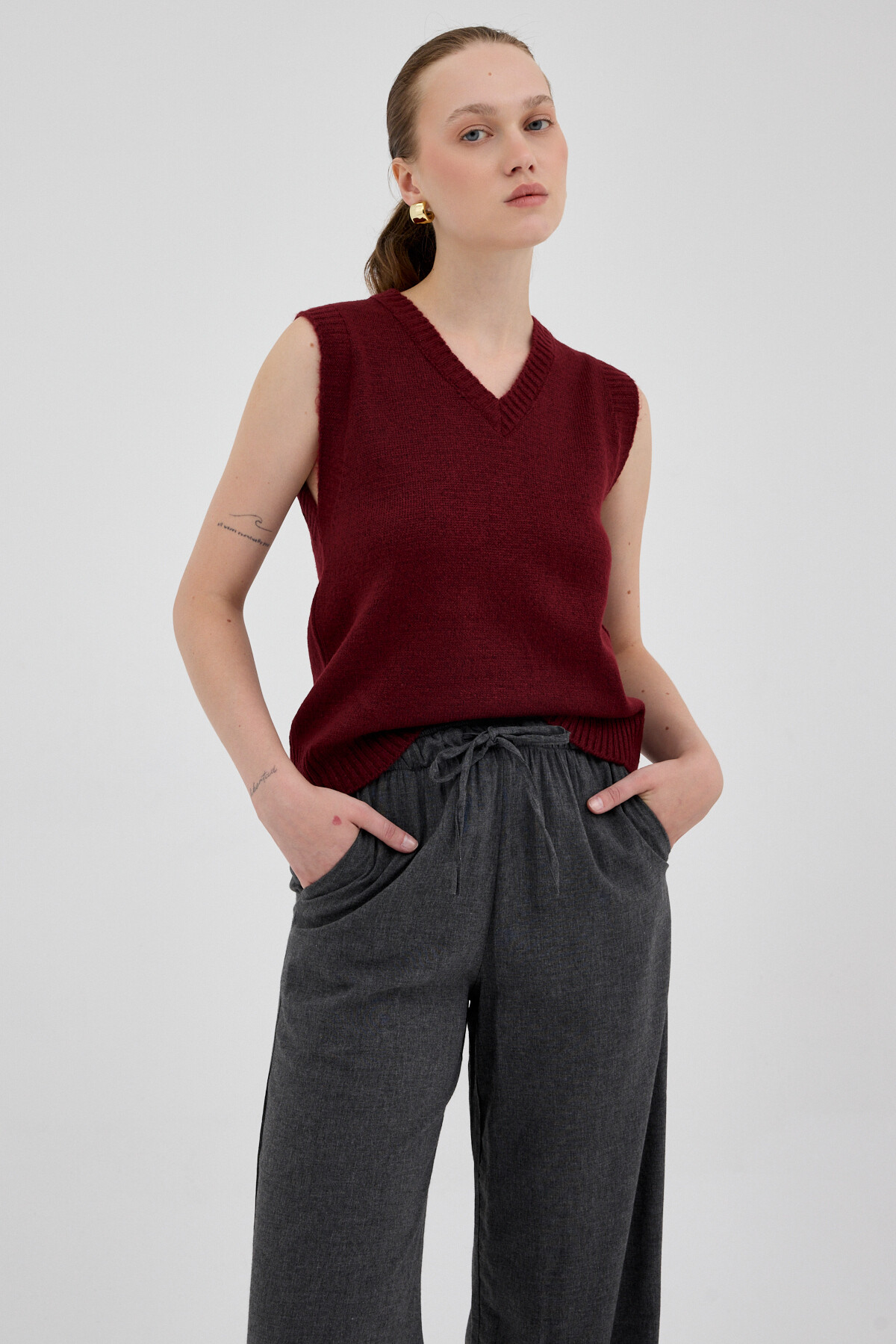 Bordo Oversize V Yaka Kadın Süveter 2292 - 6