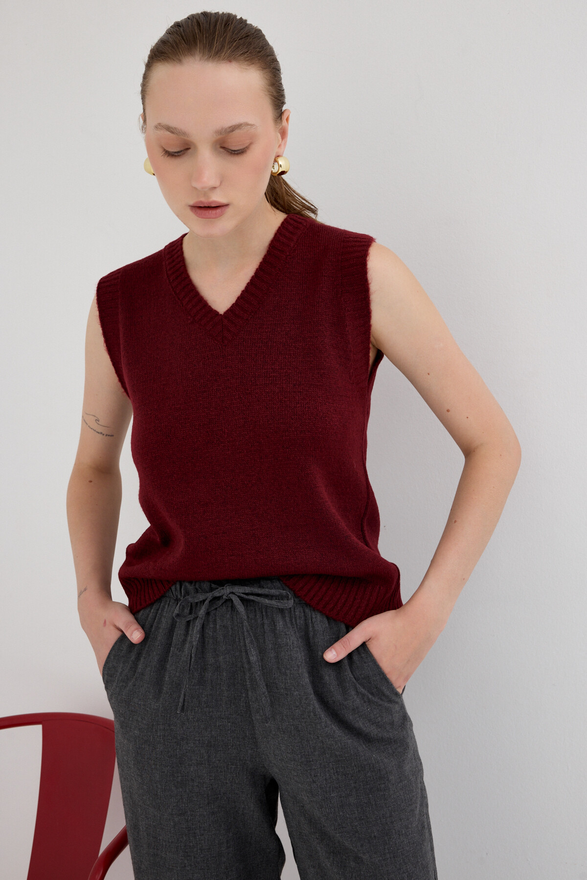 Bordo Oversize V Yaka Kadın Süveter 2292 - 7