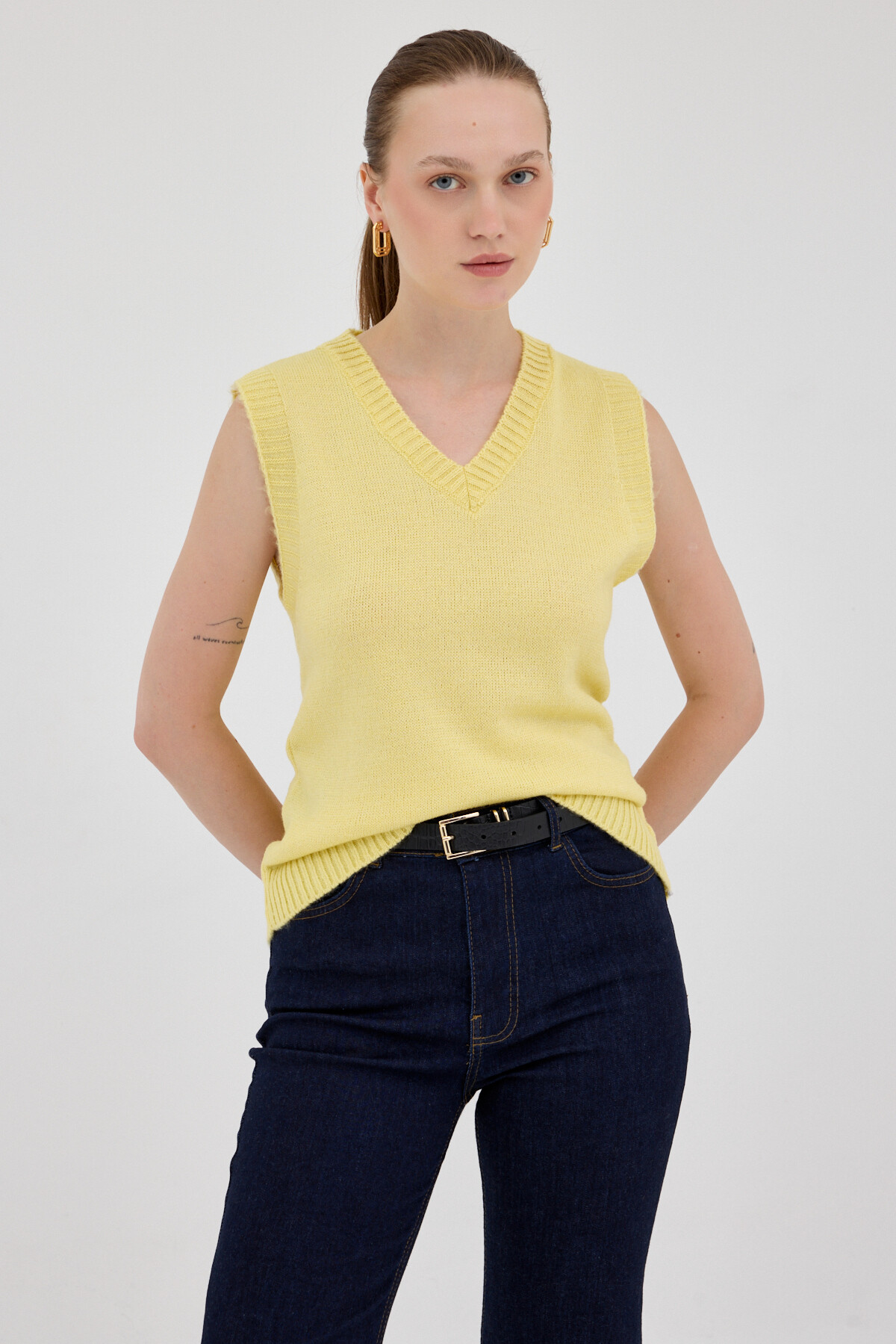 Sarı Oversize V Yaka Kadın Süveter 2292 - 1