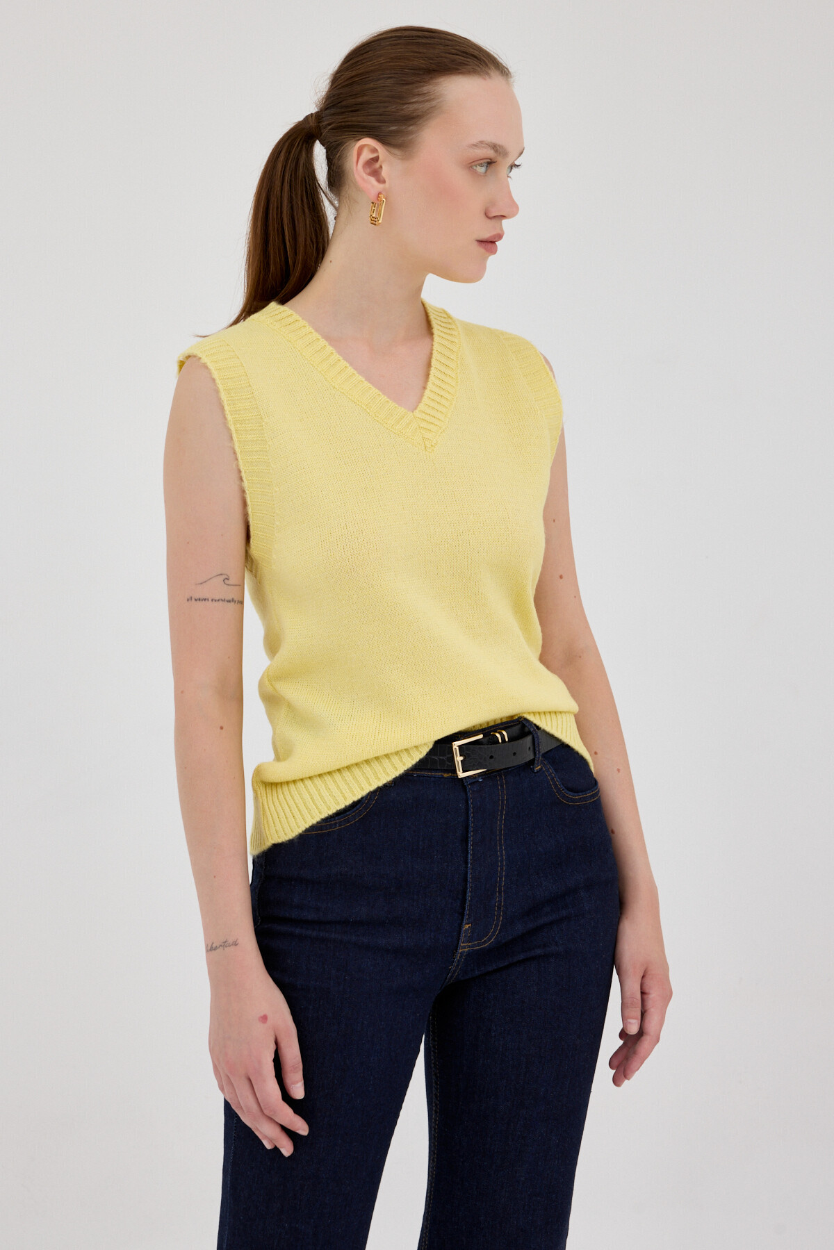 Sarı Oversize V Yaka Kadın Süveter 2292 - 2