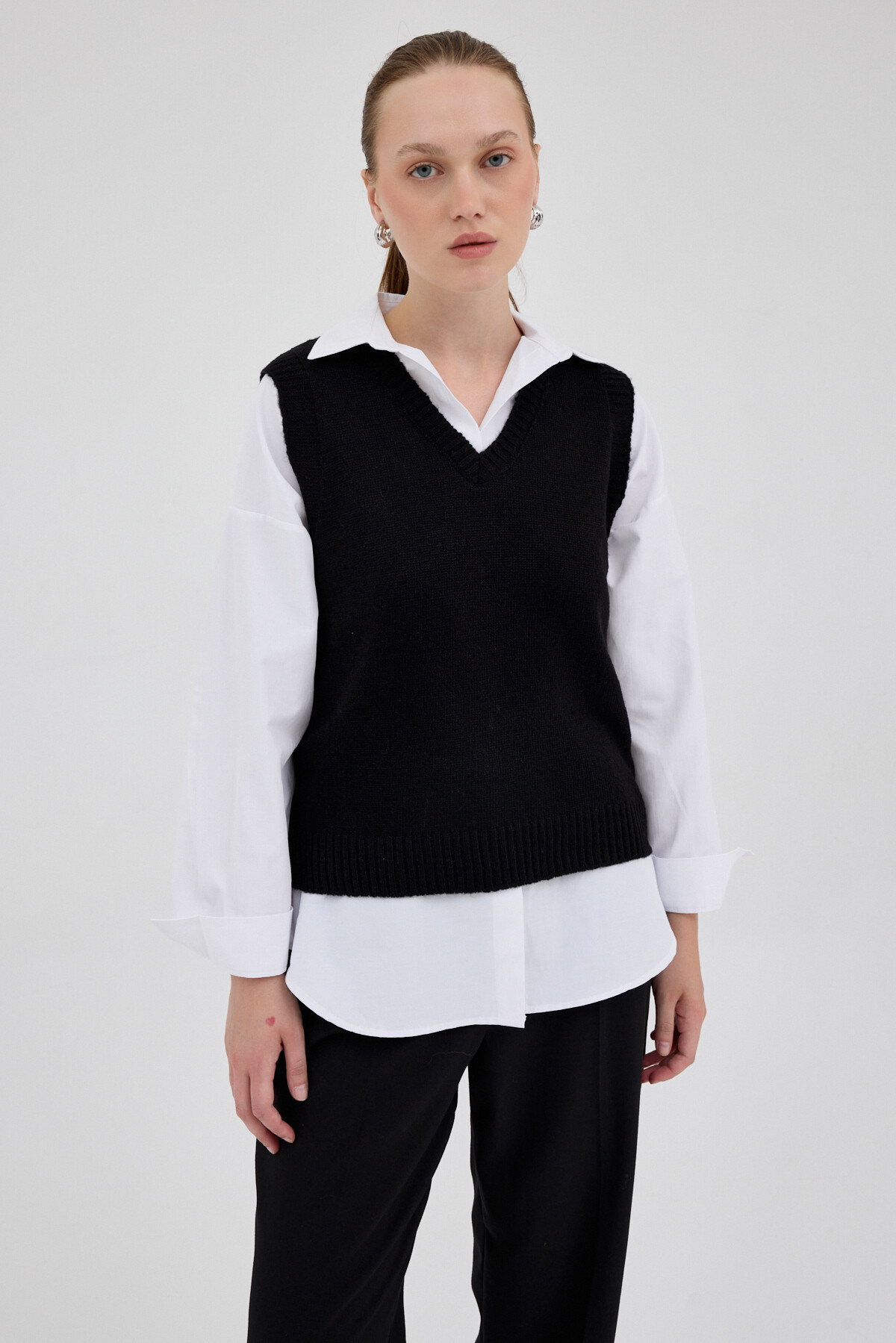 Siyah Oversize V Yaka Kadın Süveter 2292 - 2