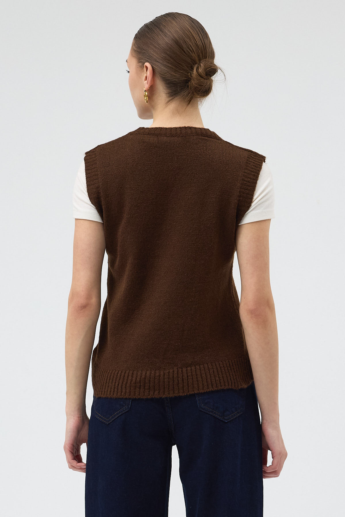 Acı Kahve V Yaka Örme Sıfır Kol Kadın Süveter 2292 - 5