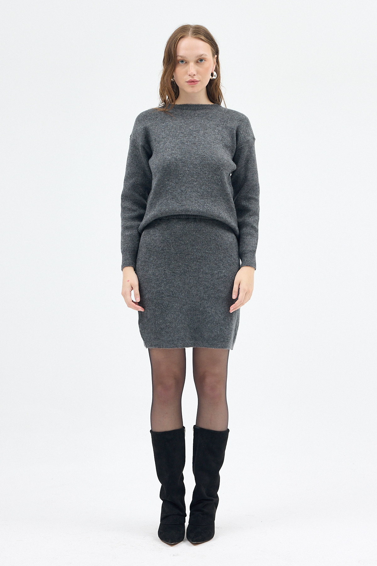 Antrasit Bisiklet Yaka Triko Kazak Etek Takımı 2294 - RAYS (1)