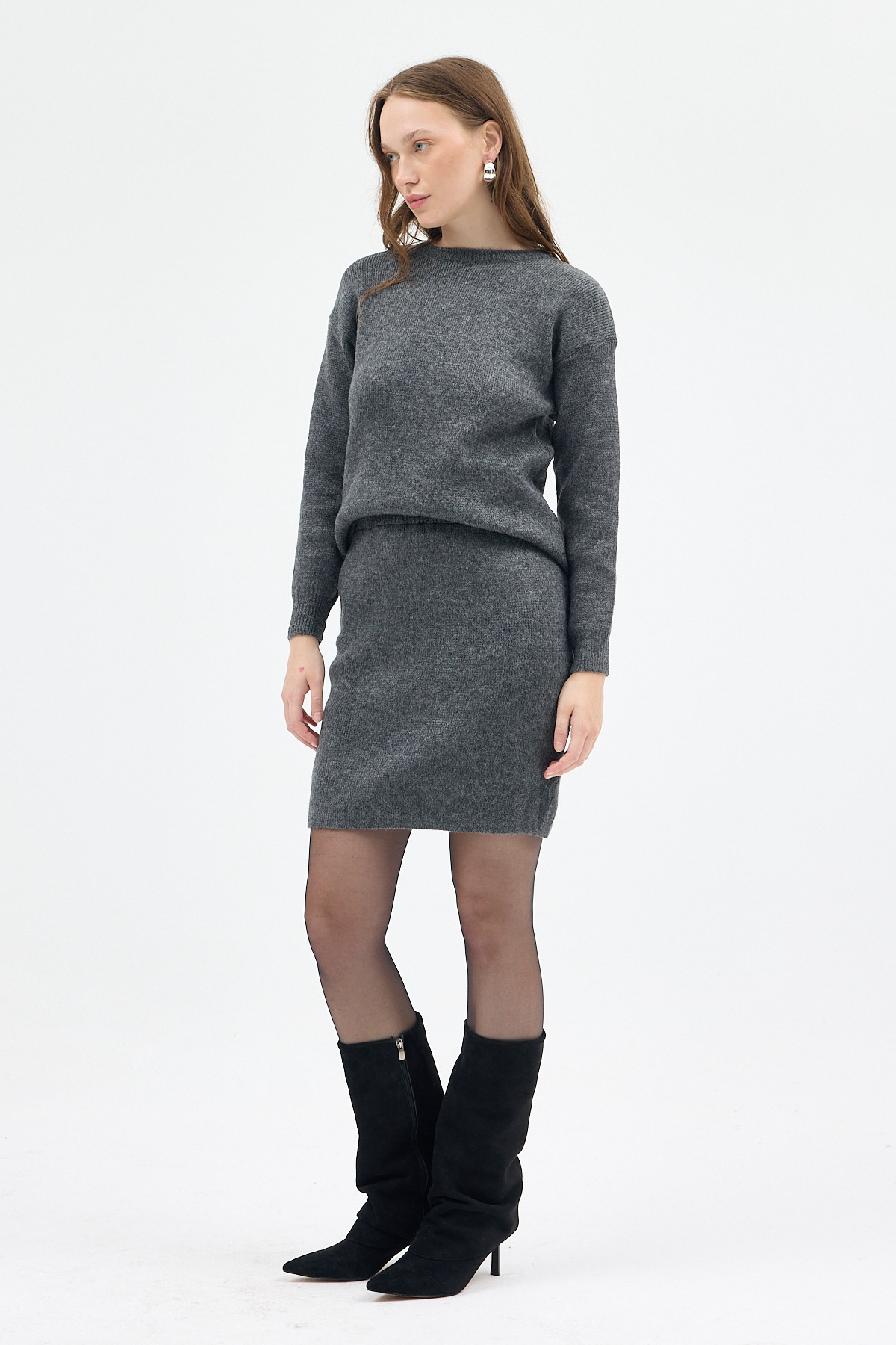 Antrasit Bisiklet Yaka Triko Kazak Etek Takımı 2294 