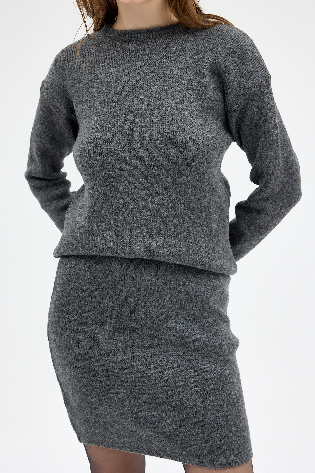 Antrasit Bisiklet Yaka Triko Kazak Etek Takımı 2294 - 3