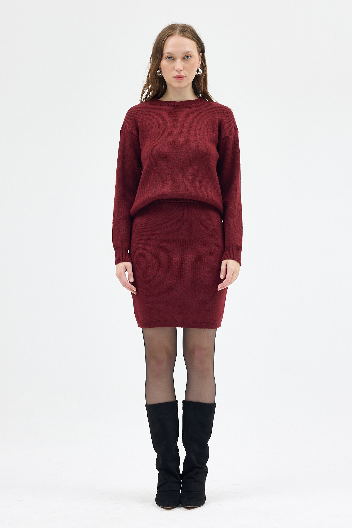 Bordo Bisiklet Yaka Triko Kazak Etek Takımı 2294 - 7