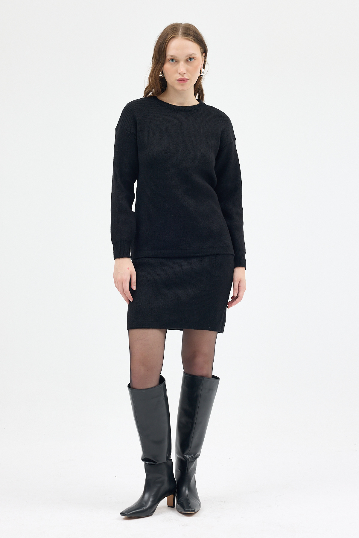 Siyah Bisiklet Yaka Triko Kazak Etek Takımı 2294 - RAYS