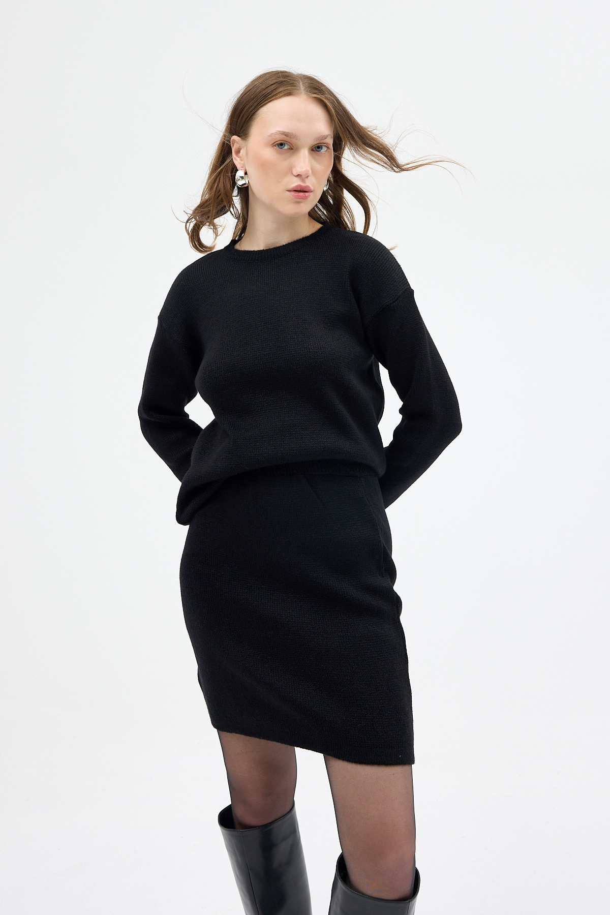 Siyah Bisiklet Yaka Triko Kazak Etek Takımı 2294 - RAYS