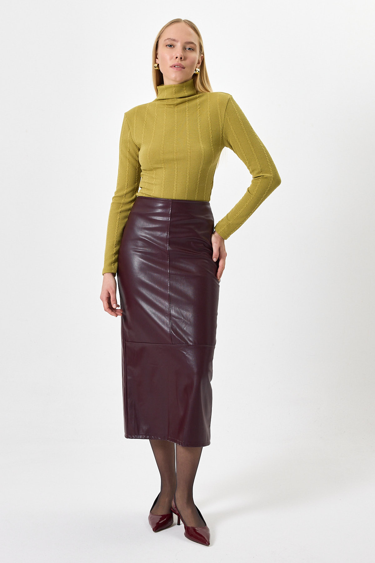 Yeşil Ajurlu Örgü Desenli Dik Yaka Kadın Bluz 2289 - RAYS