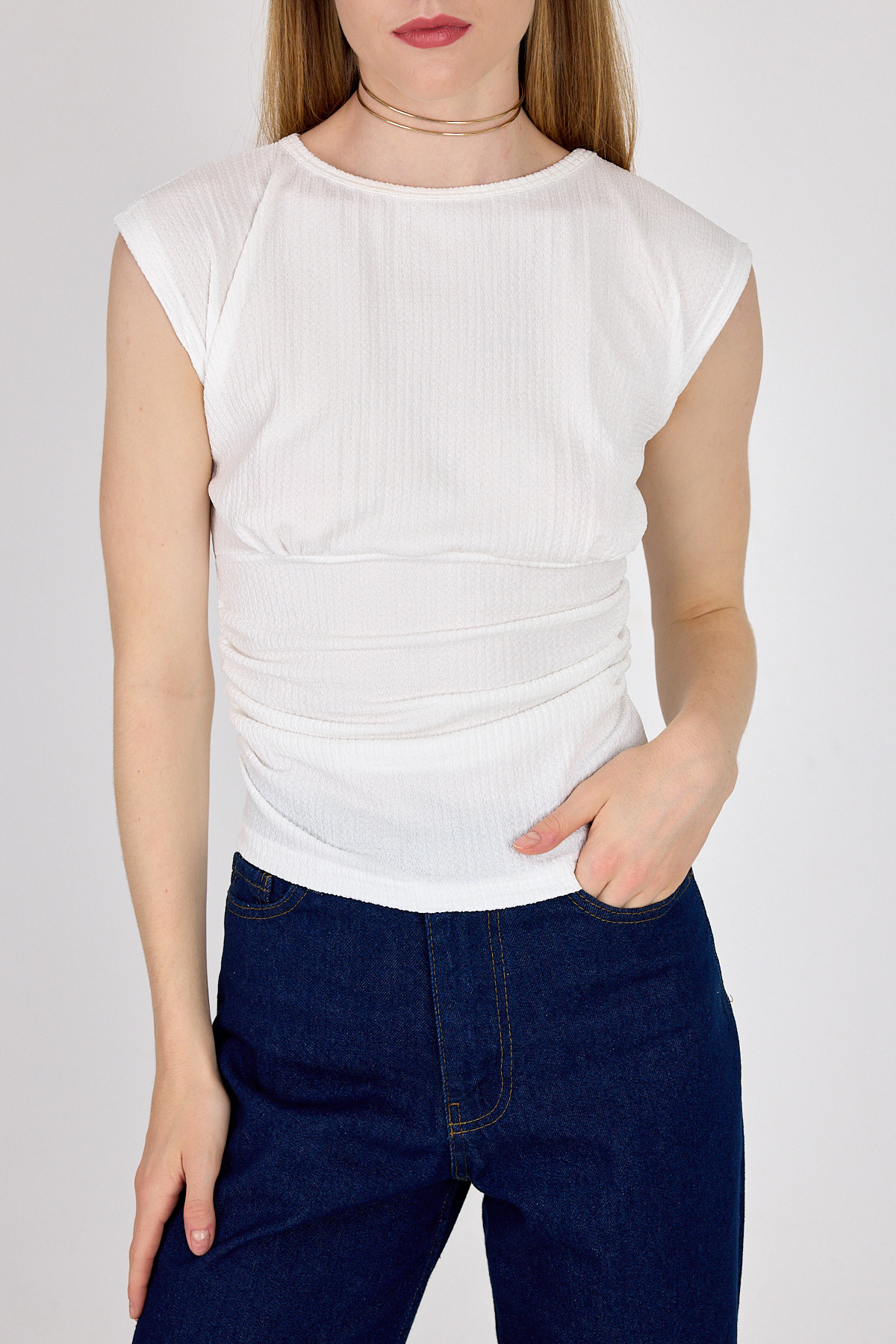 Beyaz Bisiklet Yaka Bel Büzgülü Bluz 2301 - RAYS