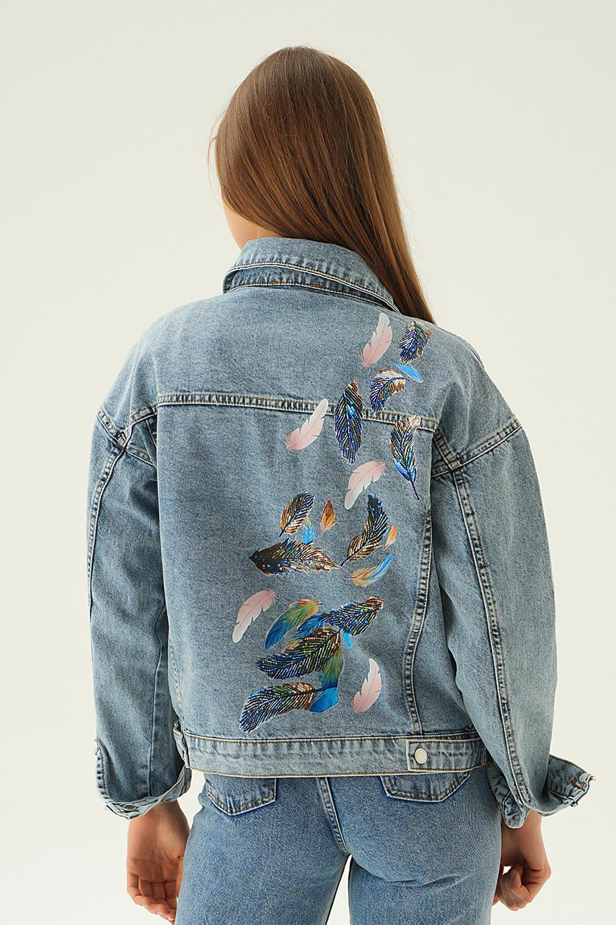 Kar Yıkama Sırt Baskılı Jean Ceket 2301 - 4