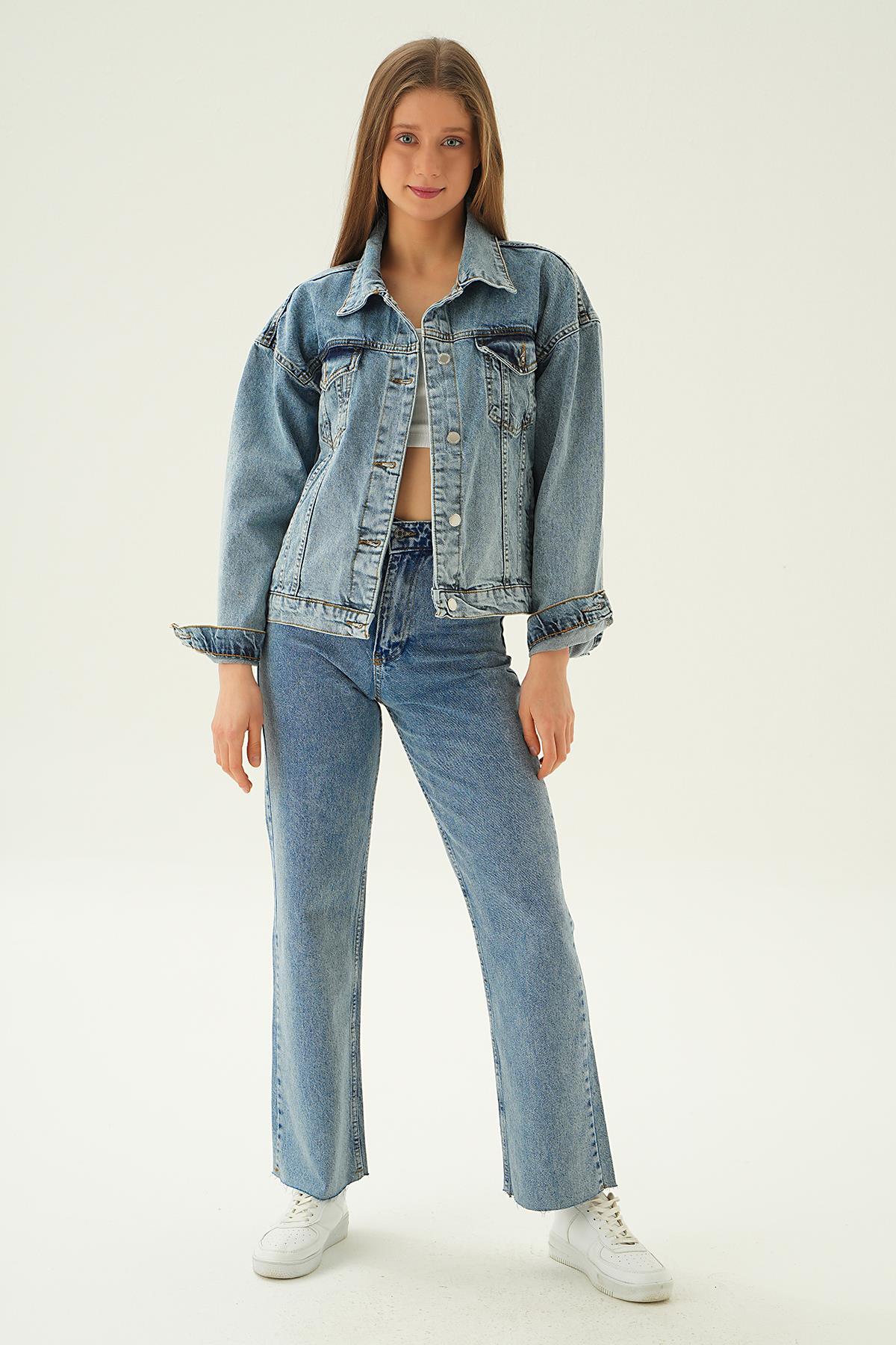 Kar Yıkama Sırt Baskılı Jean Ceket 2301 - 5