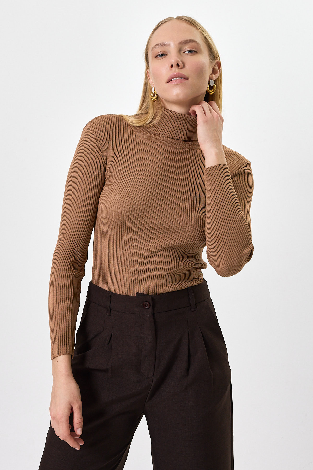 Camel Fitilli Balıkçı Yaka Uzun Kollu Bluz 2302 - RAYS