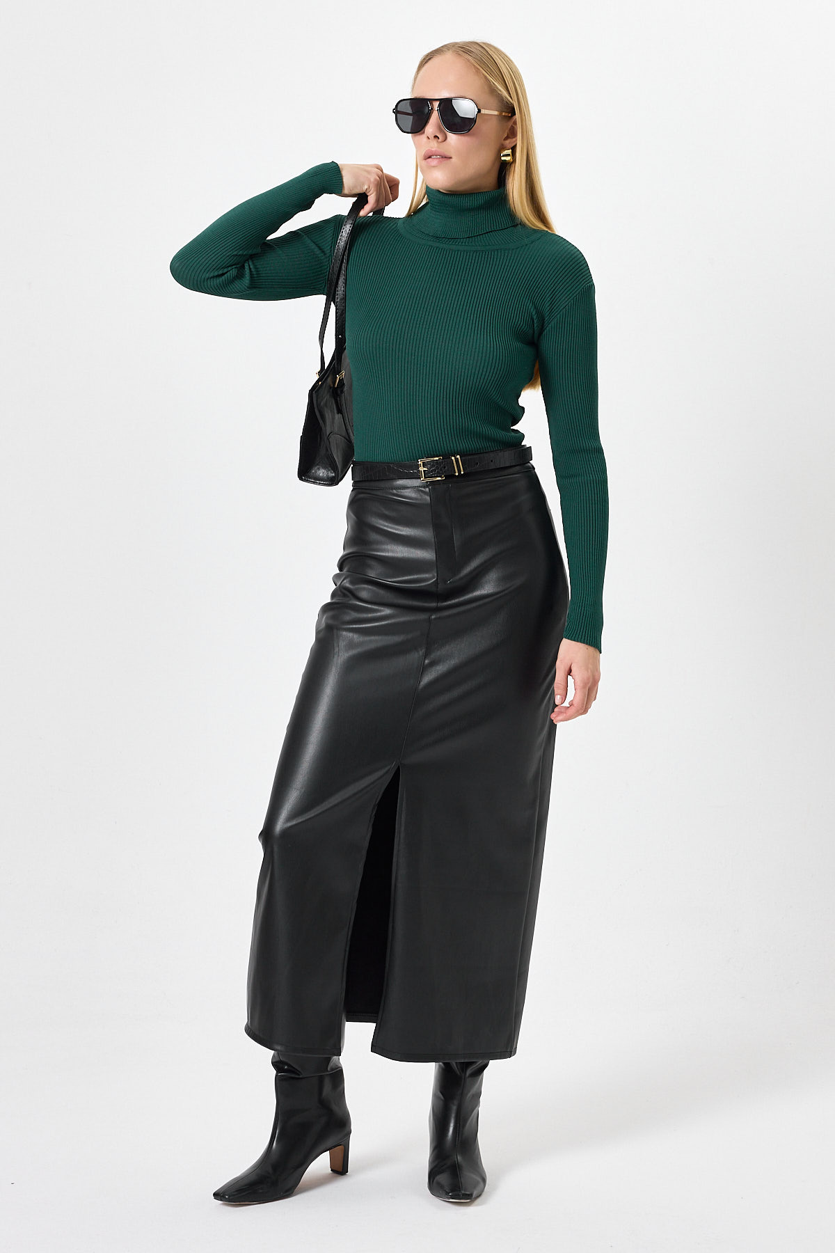 Koyu Yeşil Fitilli Balıkçı Yaka Uzun Kollu Bluz 2302 - RAYS