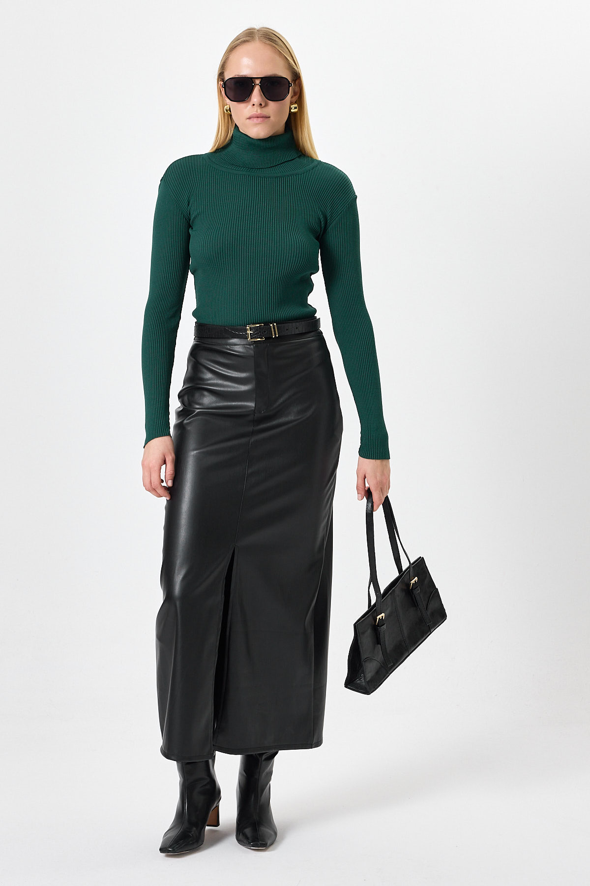 Koyu Yeşil Fitilli Balıkçı Yaka Uzun Kollu Bluz 2302 - 7