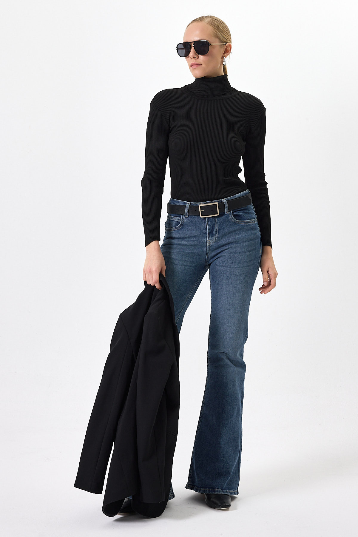 Siyah Fitilli Balıkçı Yaka Uzun Kollu Bluz 2302 - RAYS