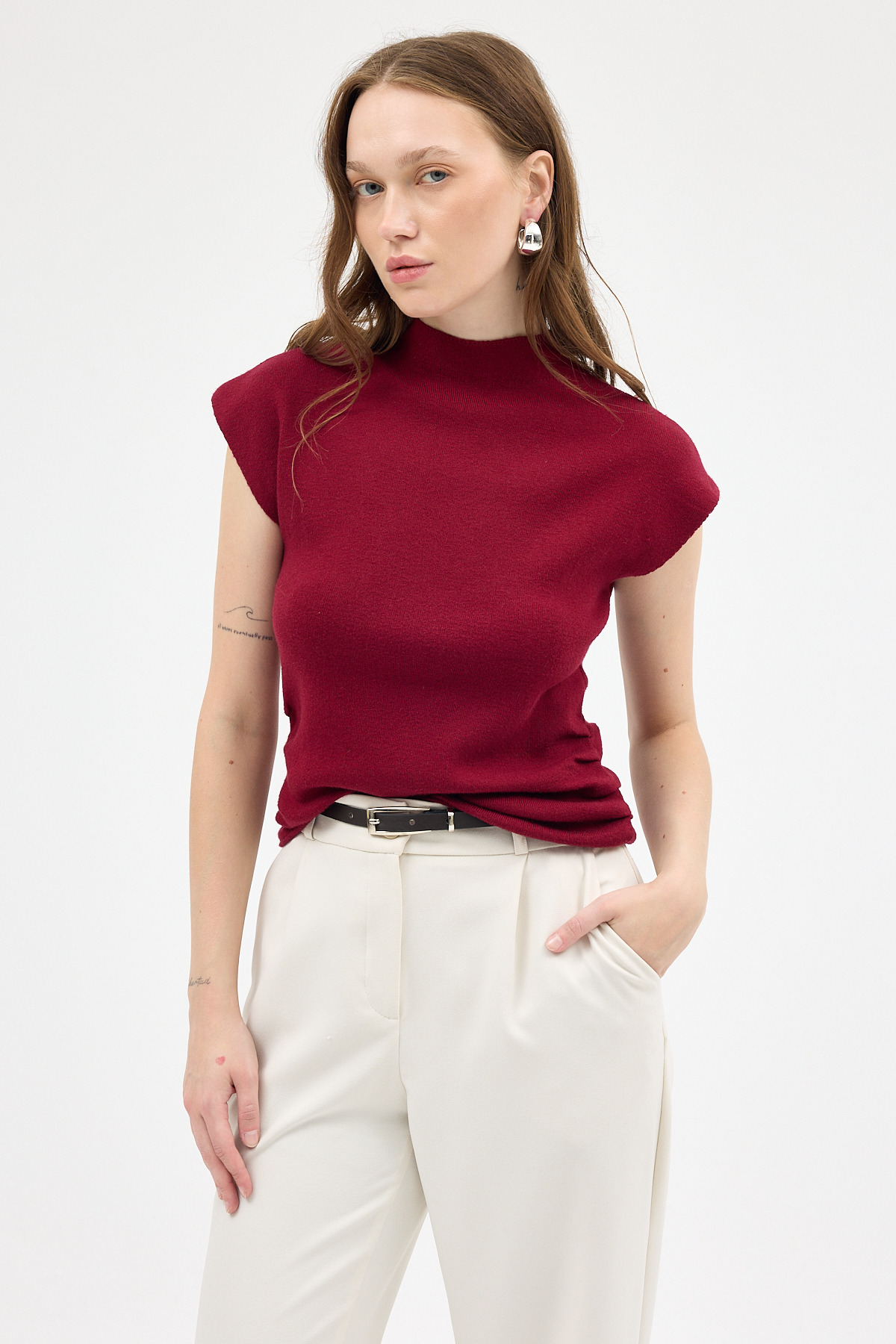 Bordo Yanları Büzgülü Triko Bluz 2306 - RAYS