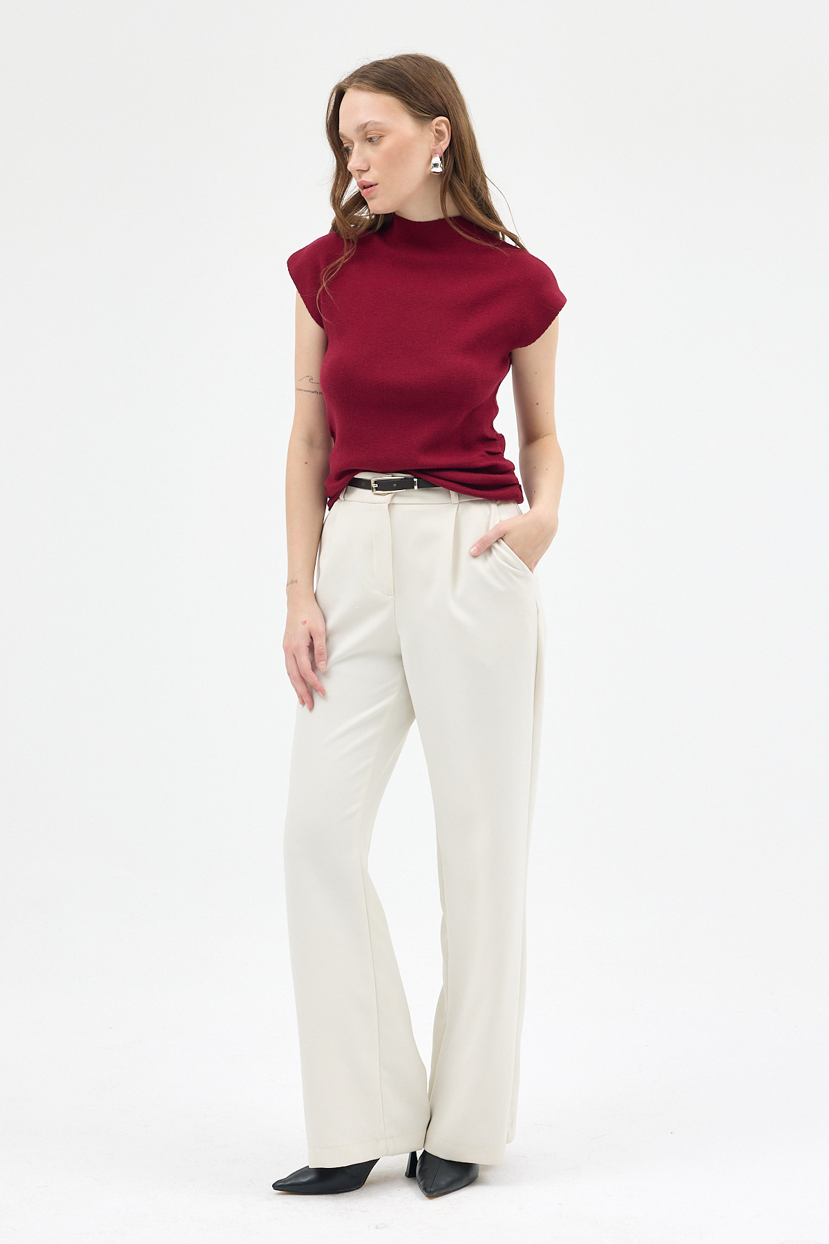 Bordo Yanları Büzgülü Triko Bluz 2306 - 2