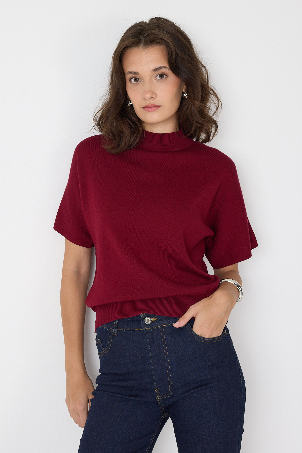 Bordo Yarım Balıkçı Yaka Kısa Kollu Kadın Triko Bluz 2308 - 2