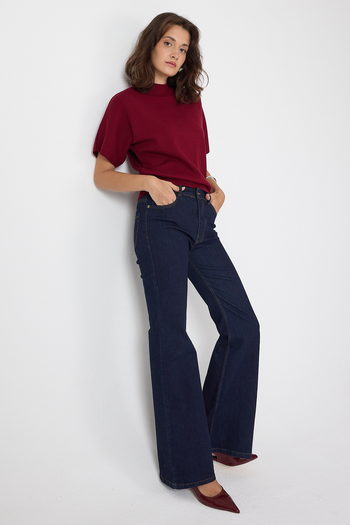 Bordo Yarım Balıkçı Yaka Kısa Kollu Kadın Triko Bluz 2308 - RAYS