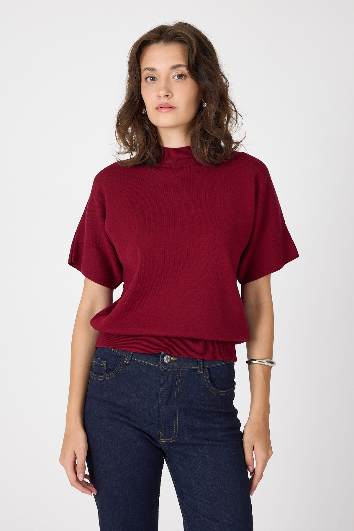 Bordo Yarım Balıkçı Yaka Kısa Kollu Kadın Triko Bluz 2308 - 6