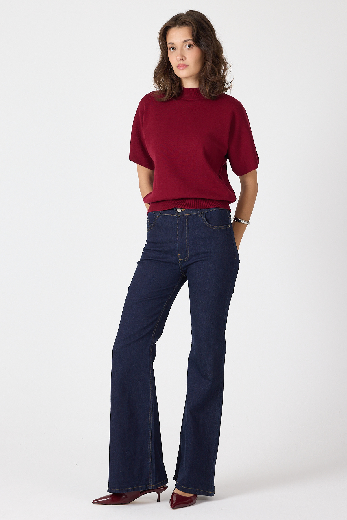 Bordo Yarım Balıkçı Yaka Kısa Kollu Kadın Triko Bluz 2308 - 3