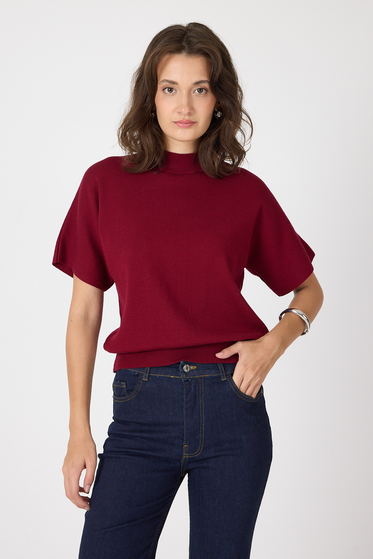 Bordo Yarım Balıkçı Yaka Kısa Kollu Kadın Triko Bluz 2308 - 7