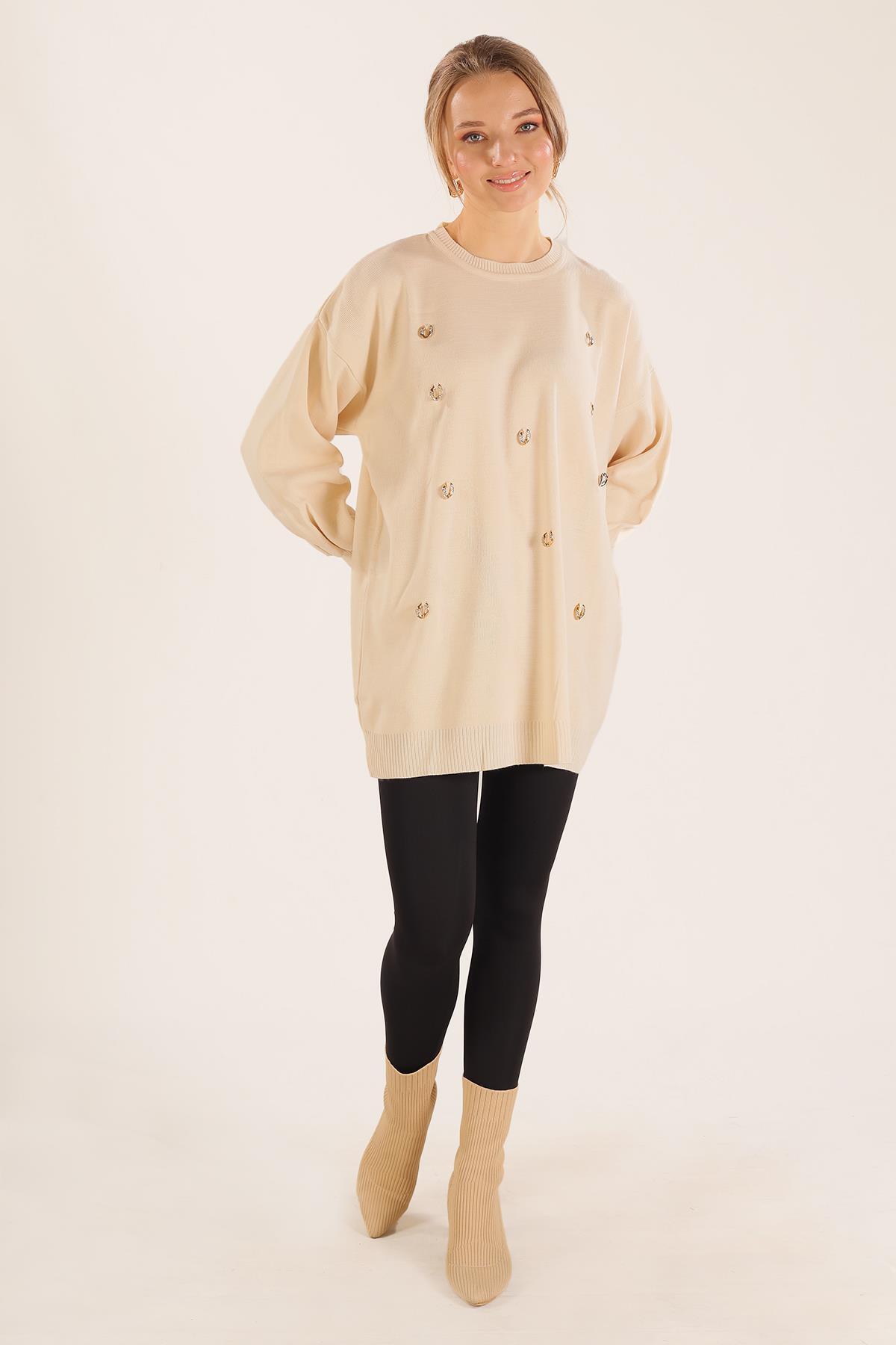 Ekru Aksesuar Detay Kazak 23149 - 2